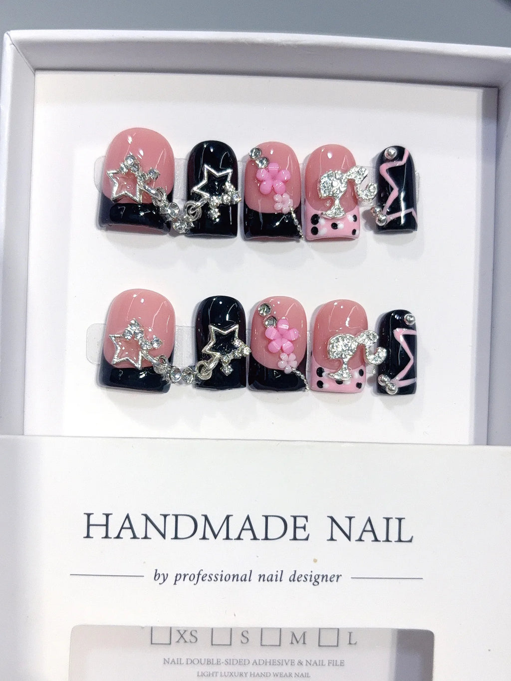 D653 - Short Pink Black Duck French Tip Rhinestones - view 5