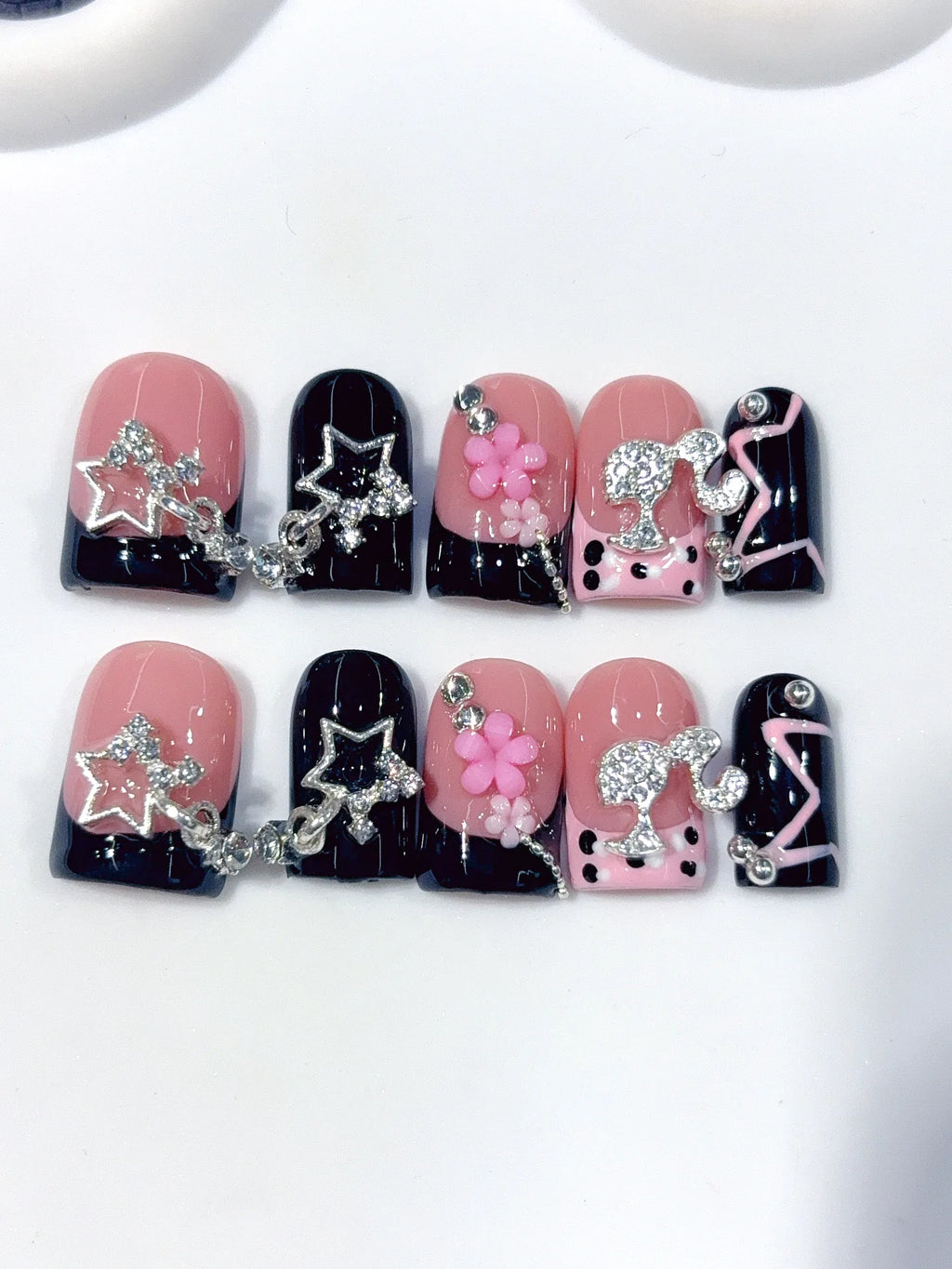 D653 - Short Pink Black Duck French Tip Rhinestones - view 2