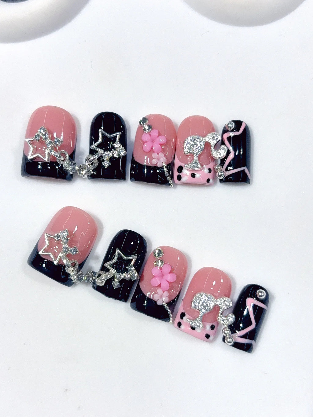 D653 - Short Pink Black Duck French Tip Rhinestones - view 7
