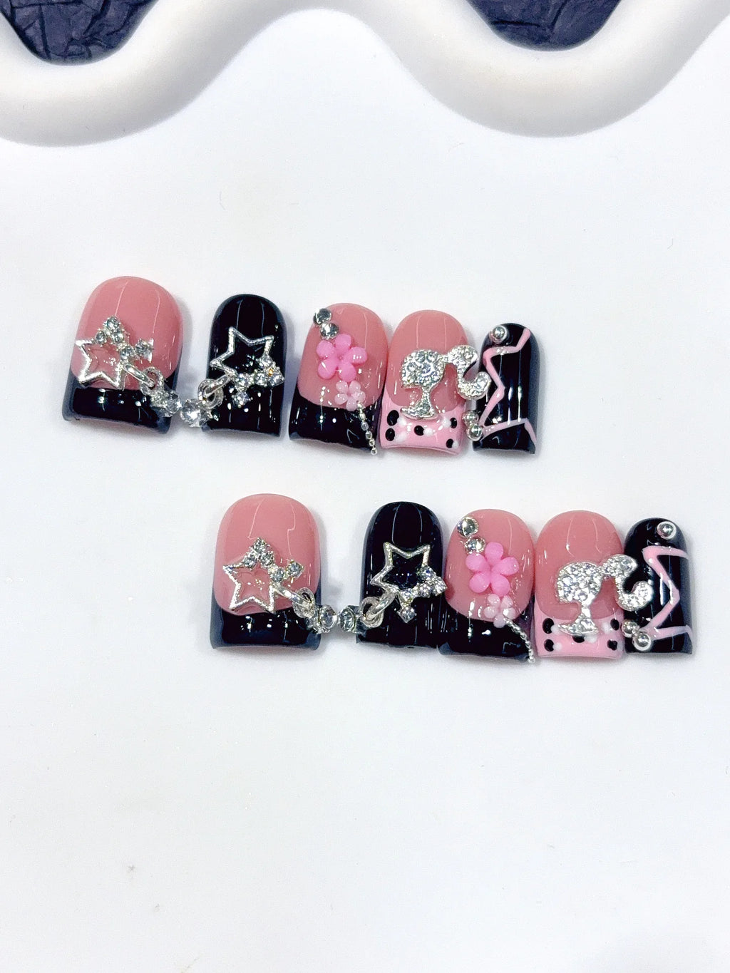 D653 - Short Pink Black Duck French Tip Rhinestones - view 8