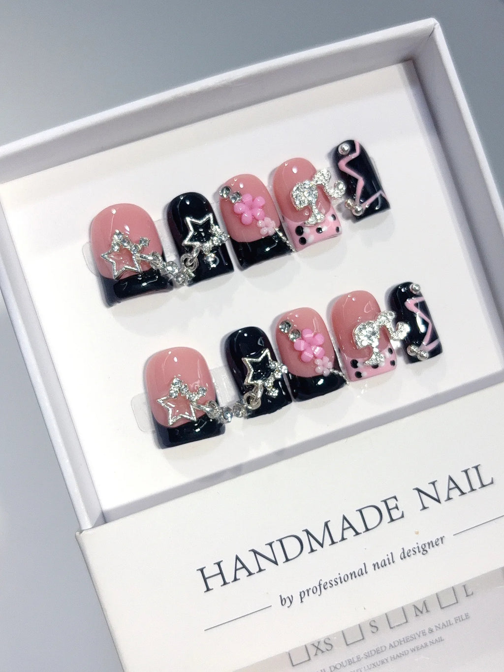 D653 - Short Pink Black Duck French Tip Rhinestones - view 3
