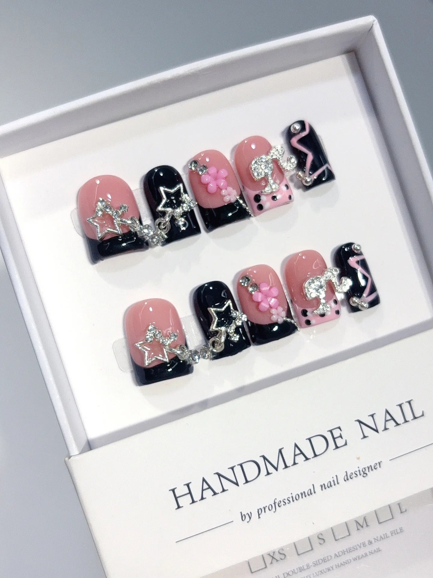 D653 - Short Pink Black Duck French Tip Rhinestones - view 3