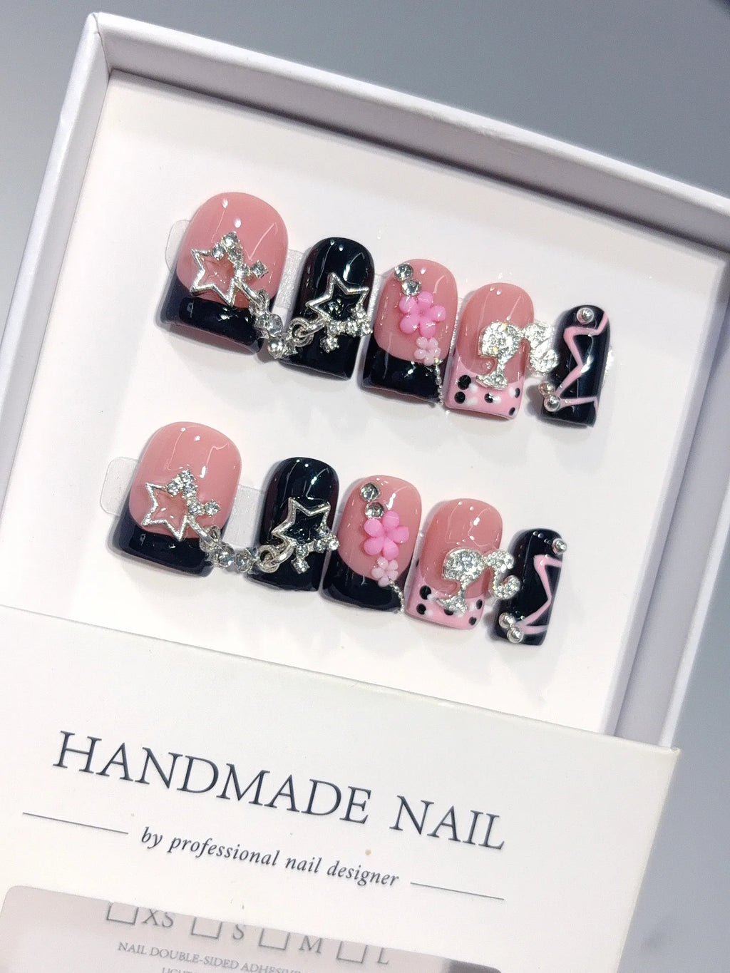 D653 - Short Pink Black Duck French Tip Rhinestones - view 1