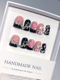 D653 - Short Pink Black Duck French Tip Rhinestones - view 1