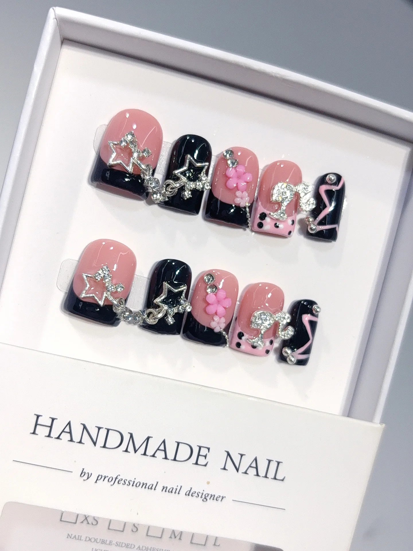 D653 - Short Pink Black Duck French Tip Rhinestones - view 1