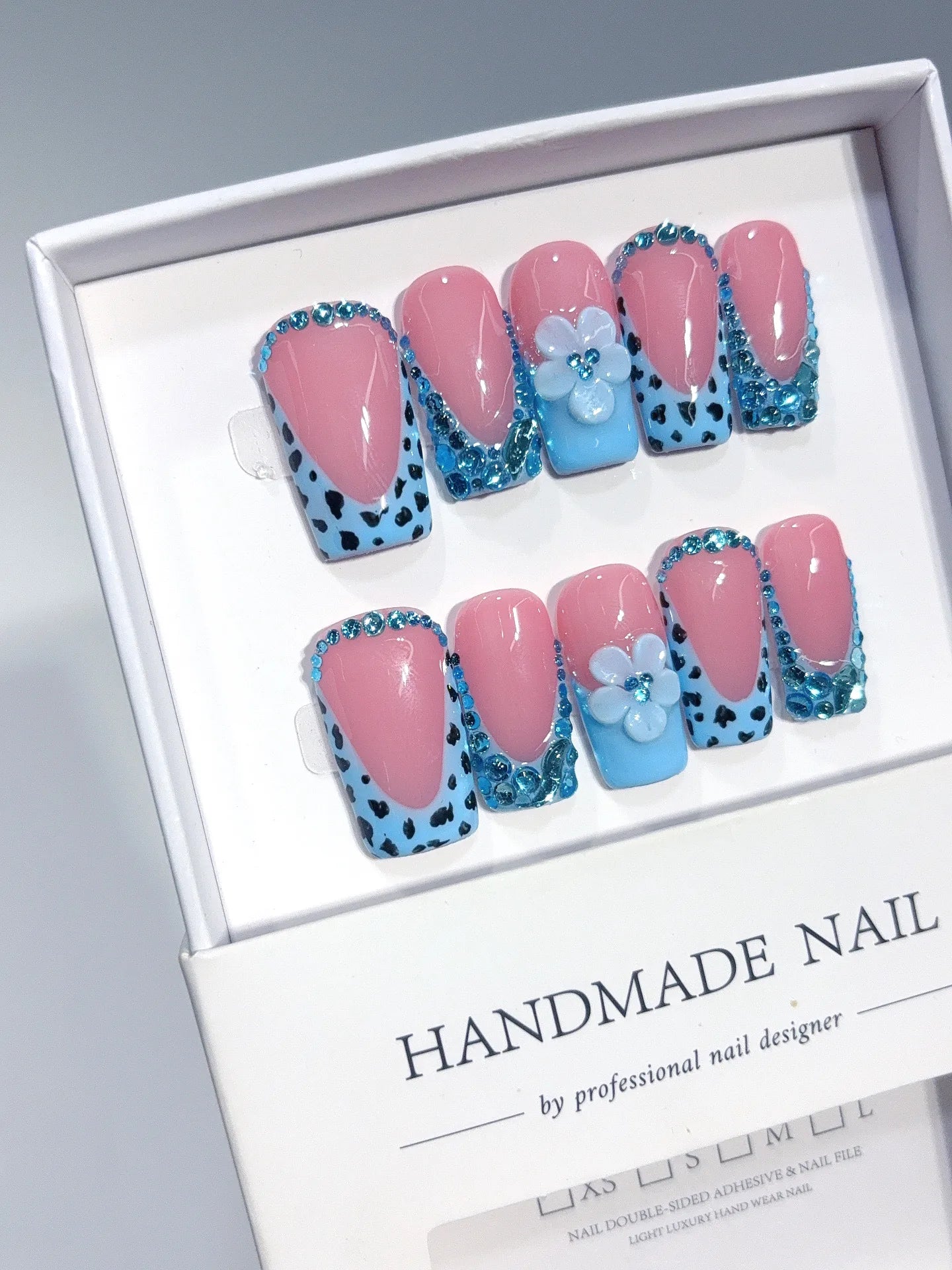 D654 - Medium Long Pink Blue Square French Tip Polka Dot Flowers - view 4