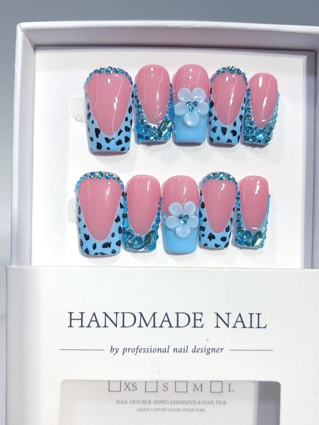 D654 - Medium Long Pink Blue Square French Tip Polka Dot Flowers - view 5