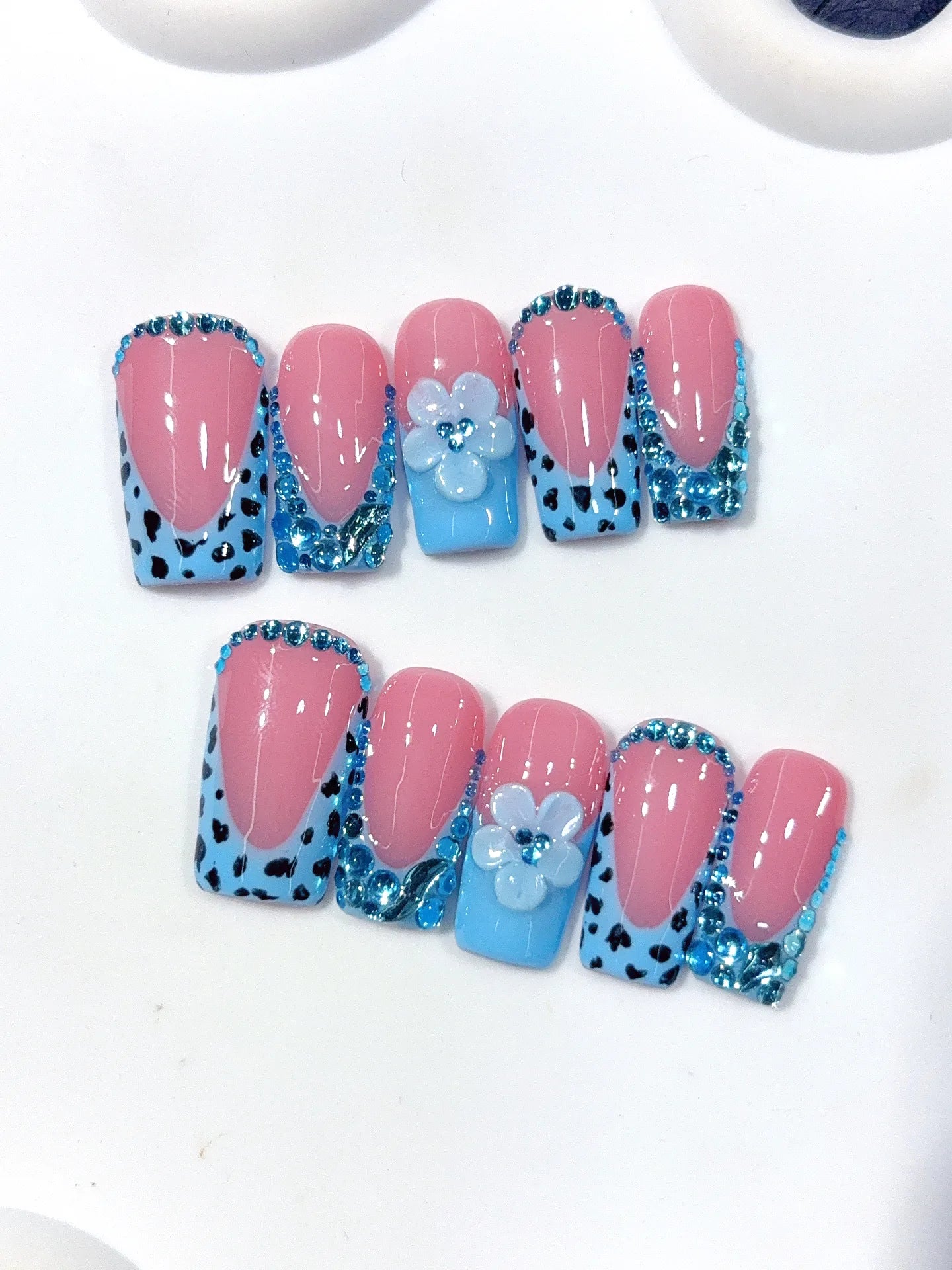 D654 - Medium Long Pink Blue Square French Tip Polka Dot Flowers - view 2