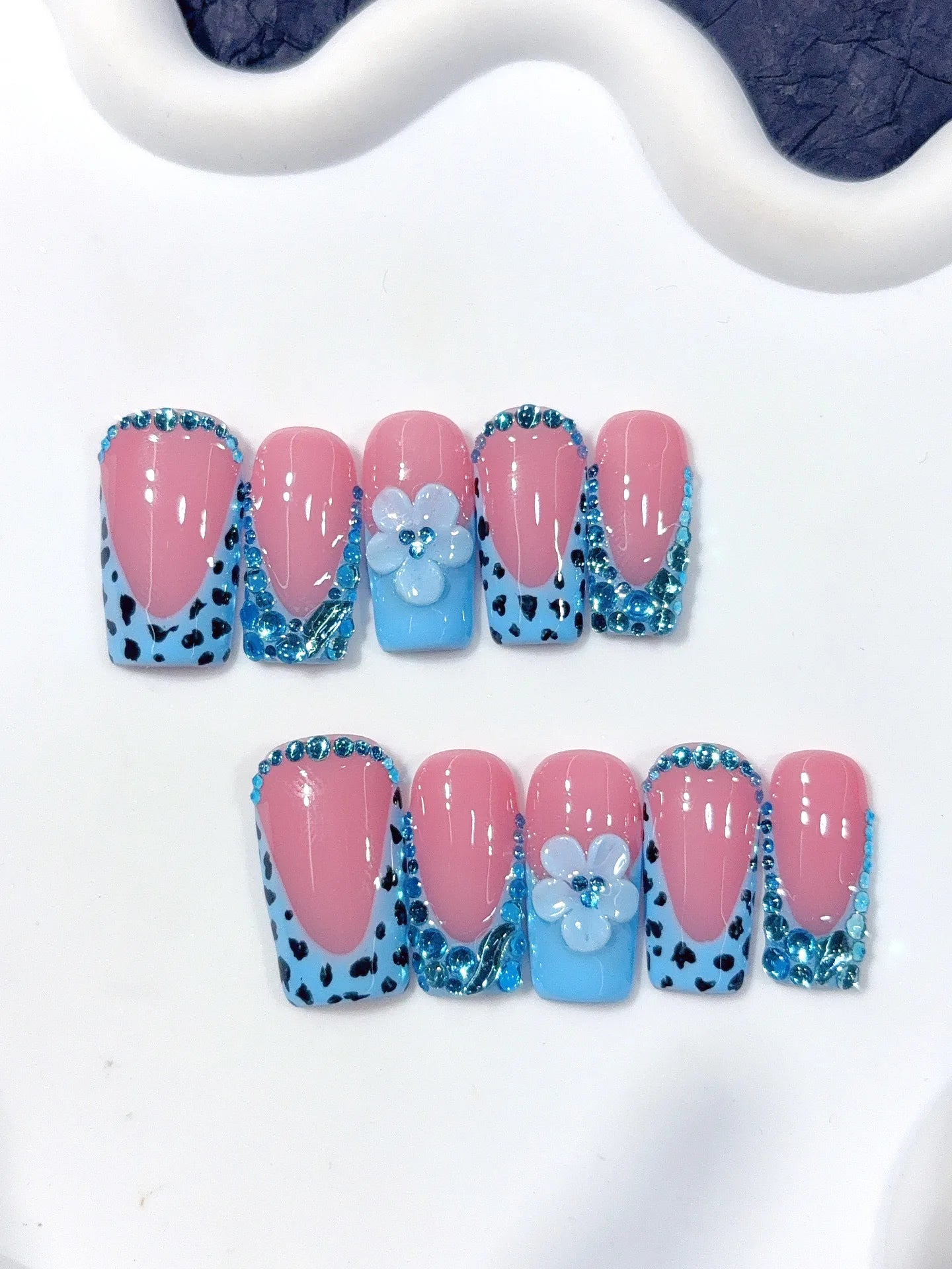 D654 - Medium Long Pink Blue Square French Tip Polka Dot Flowers - view 6