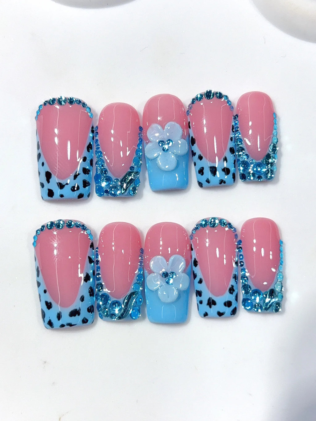 D654 - Medium Long Pink Blue Square French Tip Polka Dot Flowers - view 7