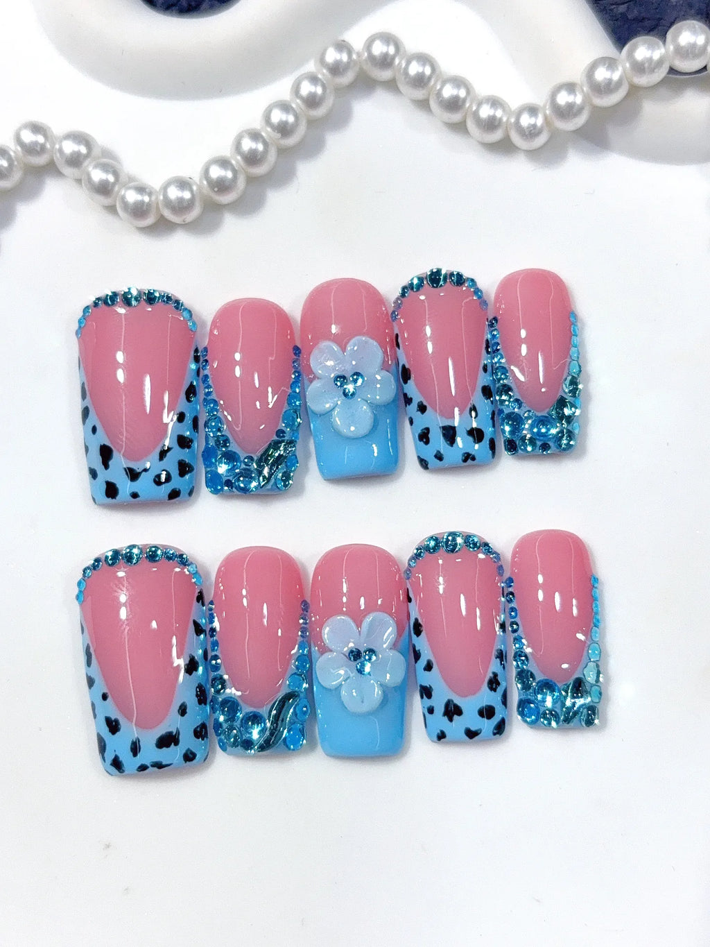 D654 - Medium Long Pink Blue Square French Tip Polka Dot Flowers - view 3