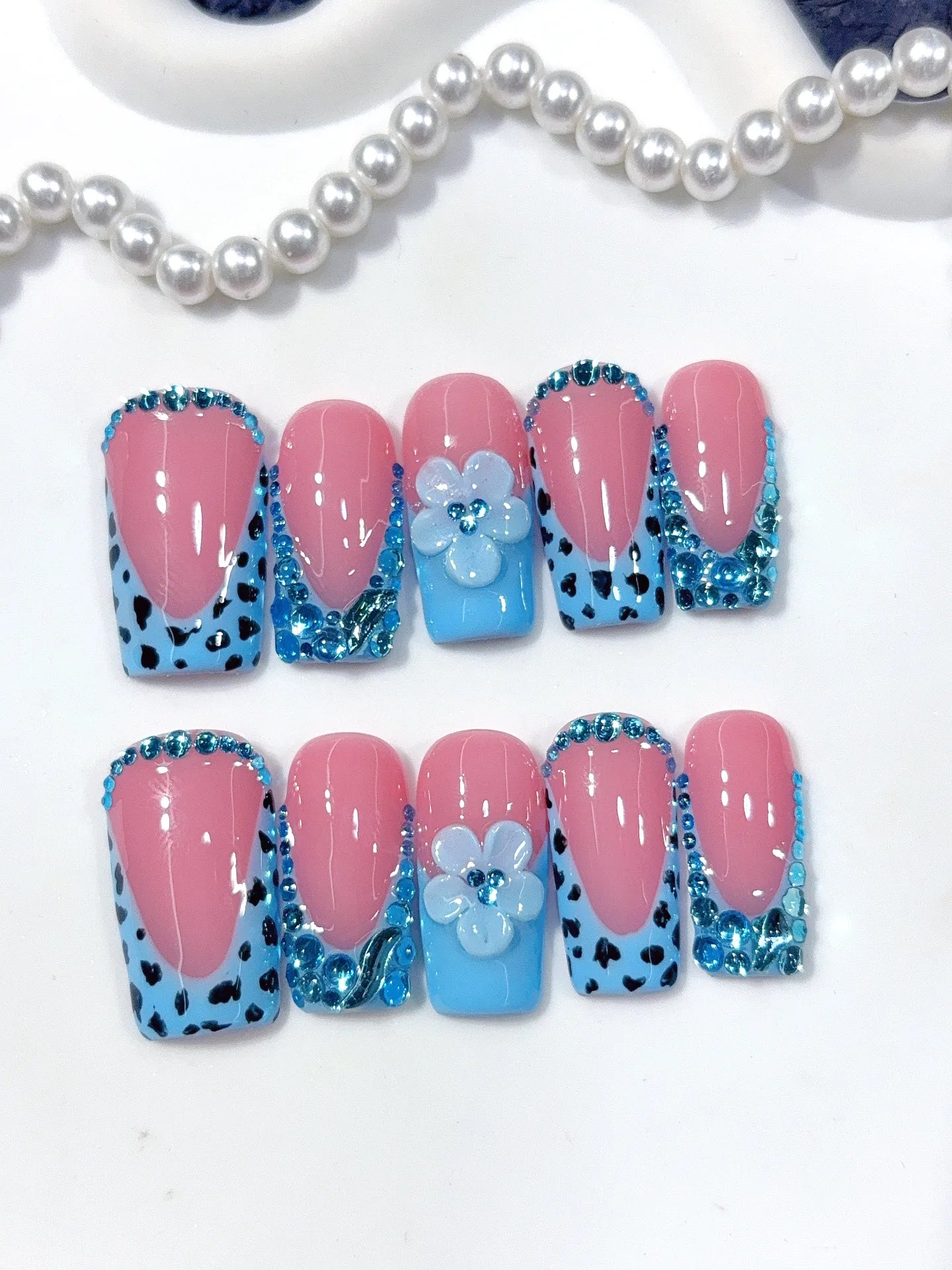 D654 - Medium Long Pink Blue Square French Tip Polka Dot Flowers - view 3