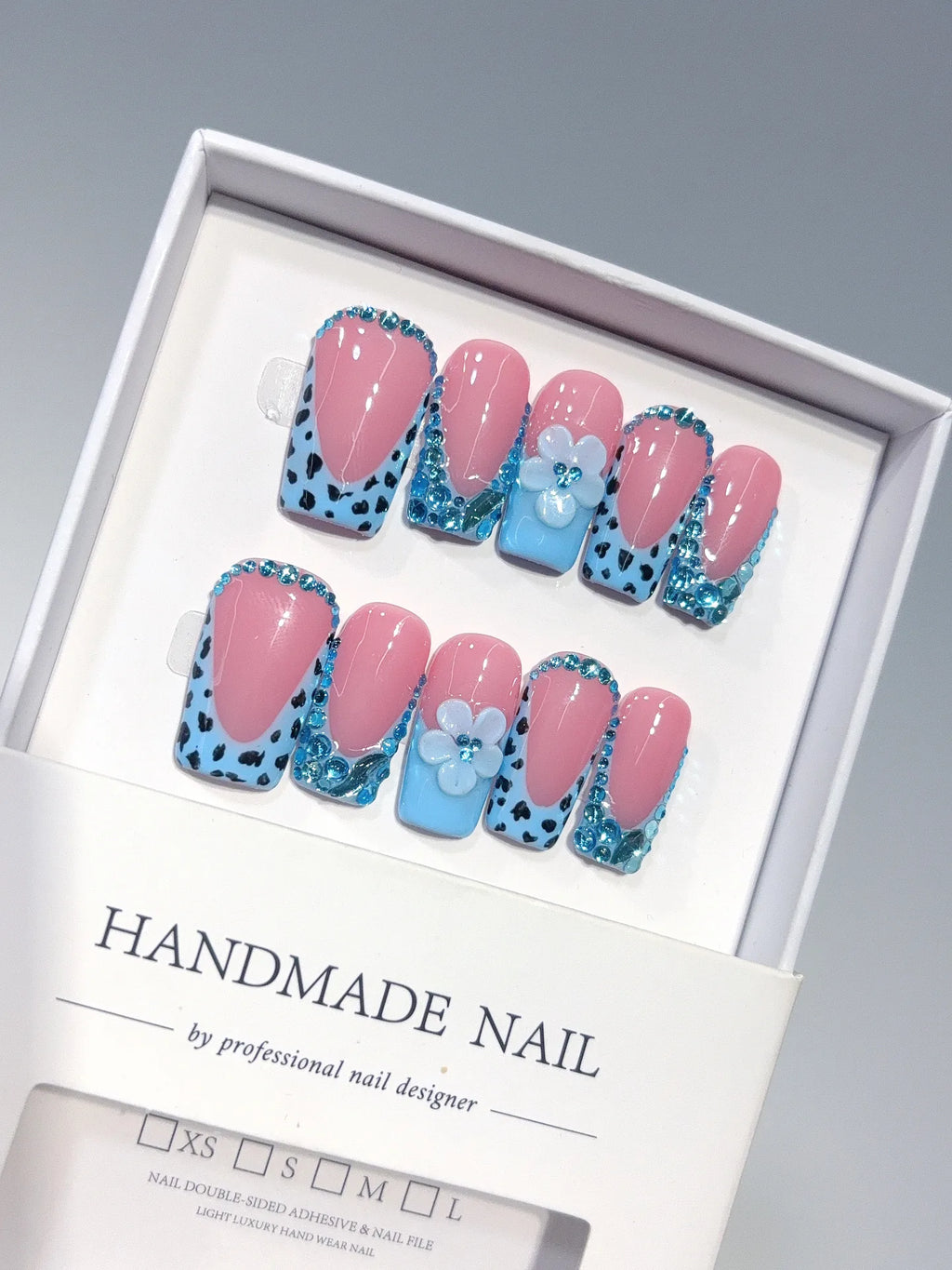 D654 - Medium Long Pink Blue Square French Tip Polka Dot Flowers - view 1