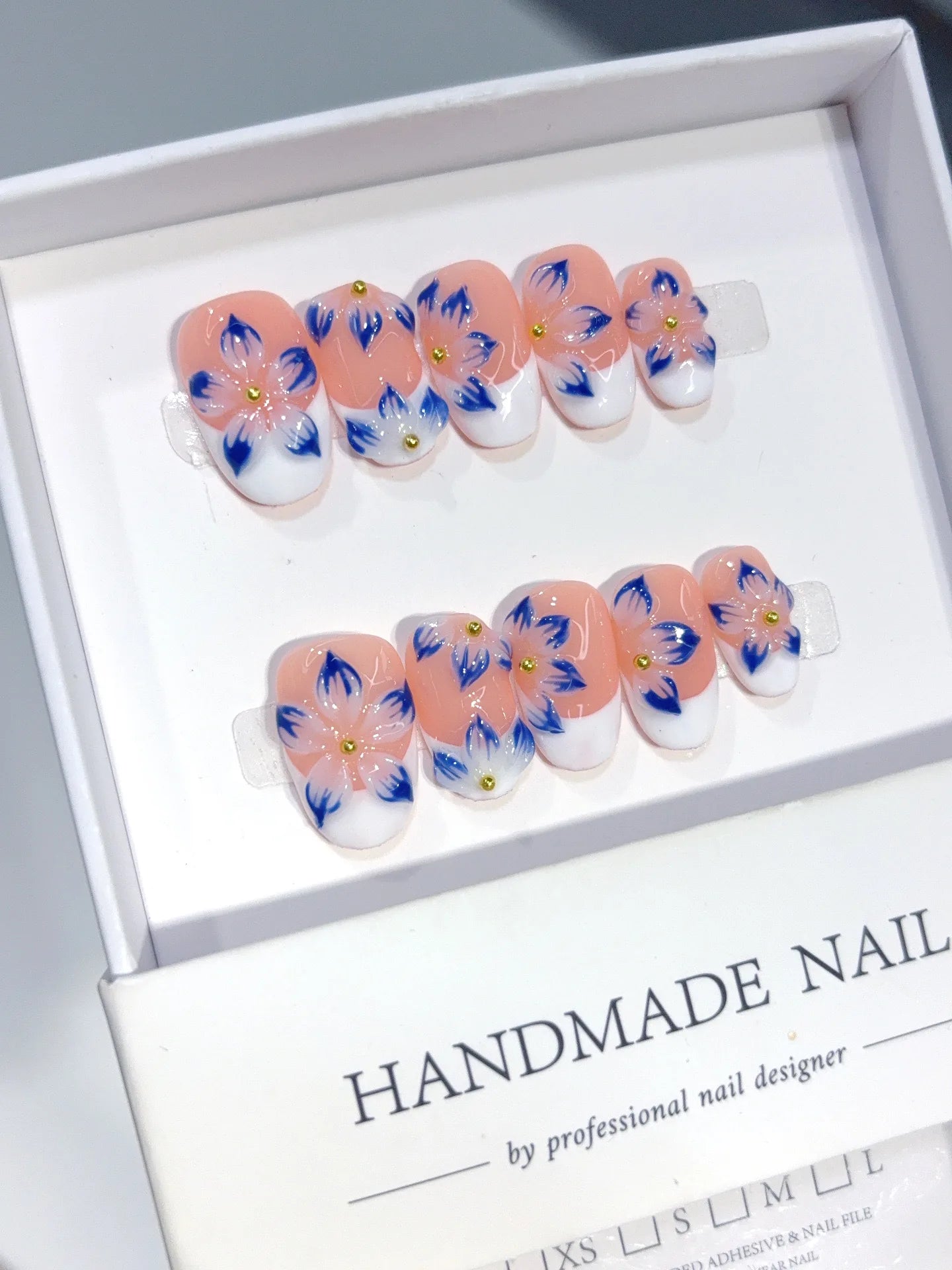 D655 - Short Nude Blue Oval French 3D Flowers - view 4