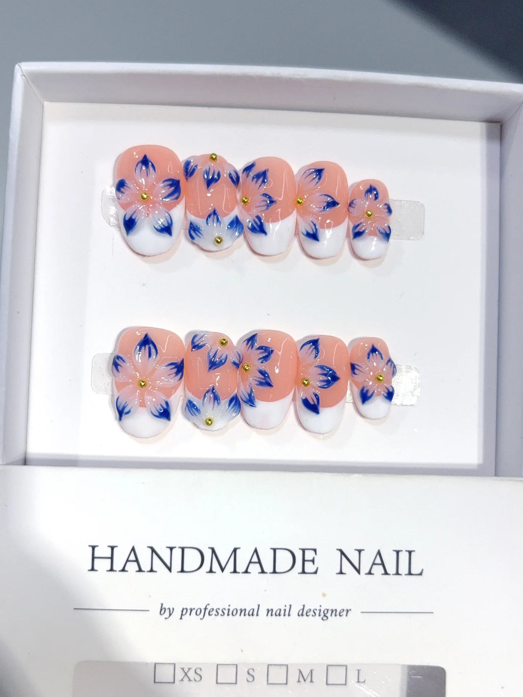 D655 - Short Nude Blue Oval French 3D Flowers - view 5