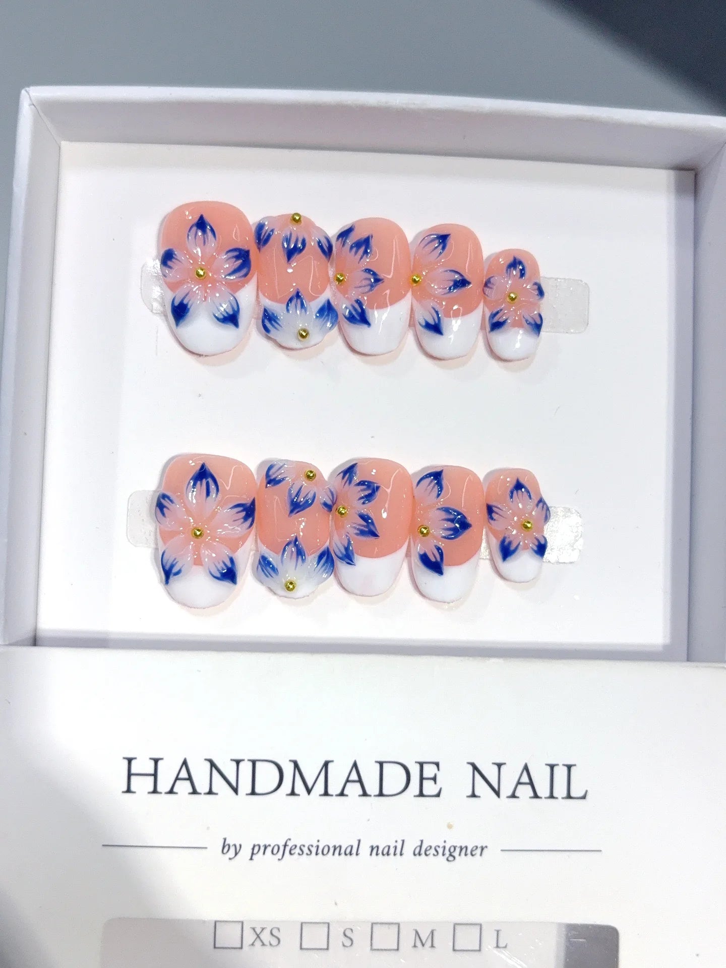 D655 - Short Nude Blue Oval French 3D Flowers - view 5
