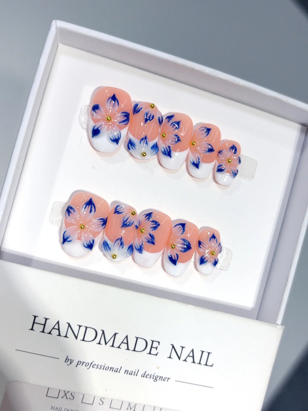 D655 - Short Nude Blue Oval French 3D Flowers - view 2