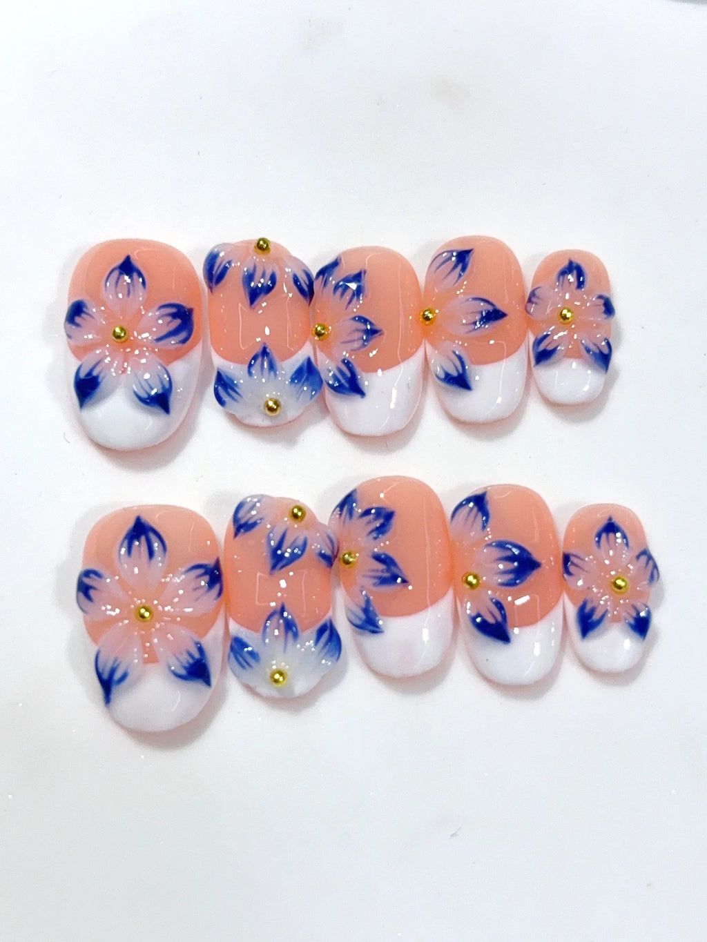 D655 - Short Nude Blue Oval French 3D Flowers - view 6