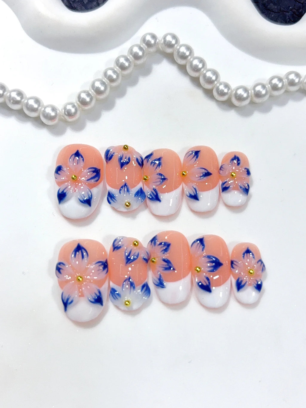 D655 - Short Nude Blue Oval French 3D Flowers - view 3