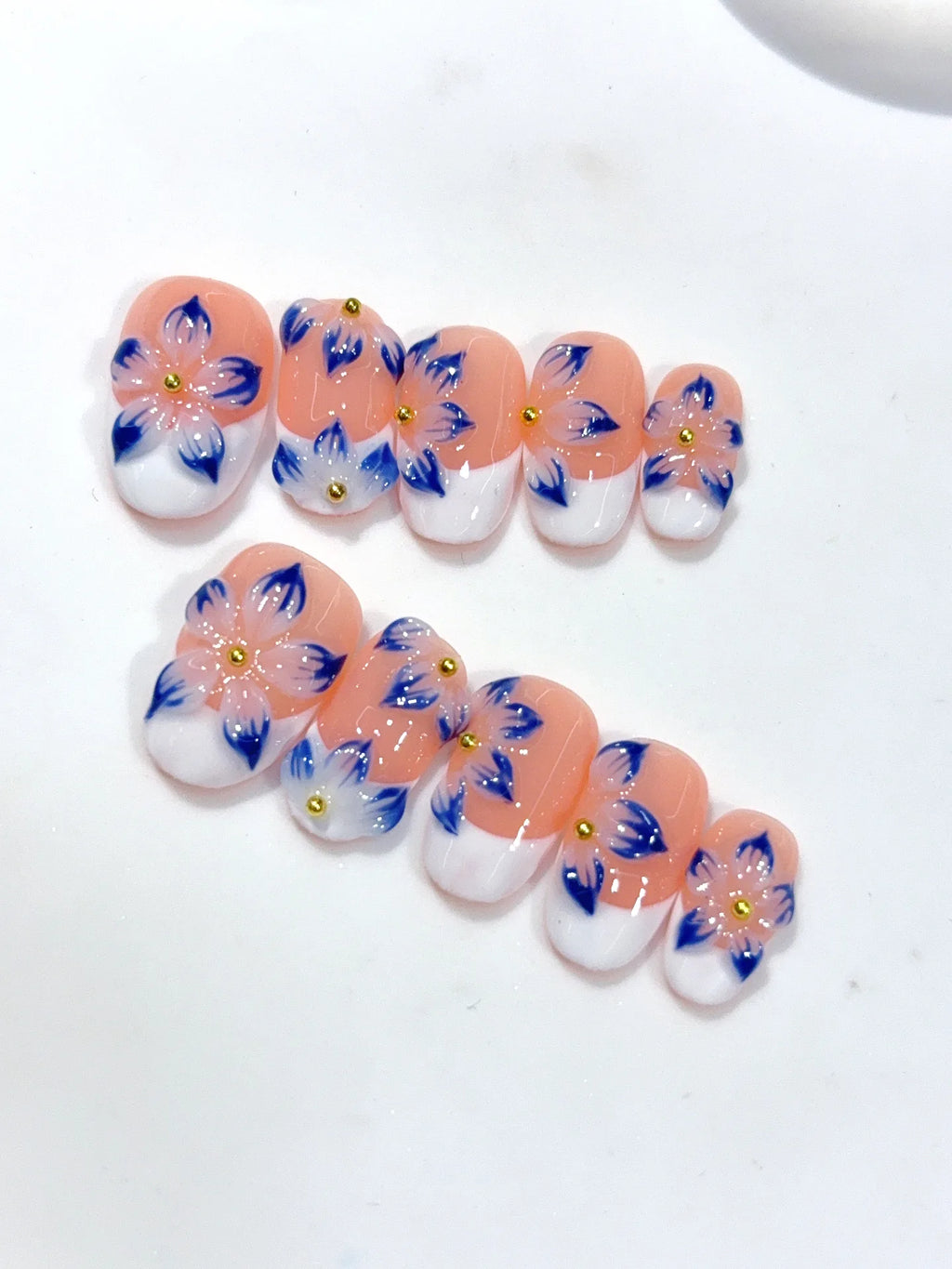D655 - Short Nude Blue Oval French 3D Flowers - view 1