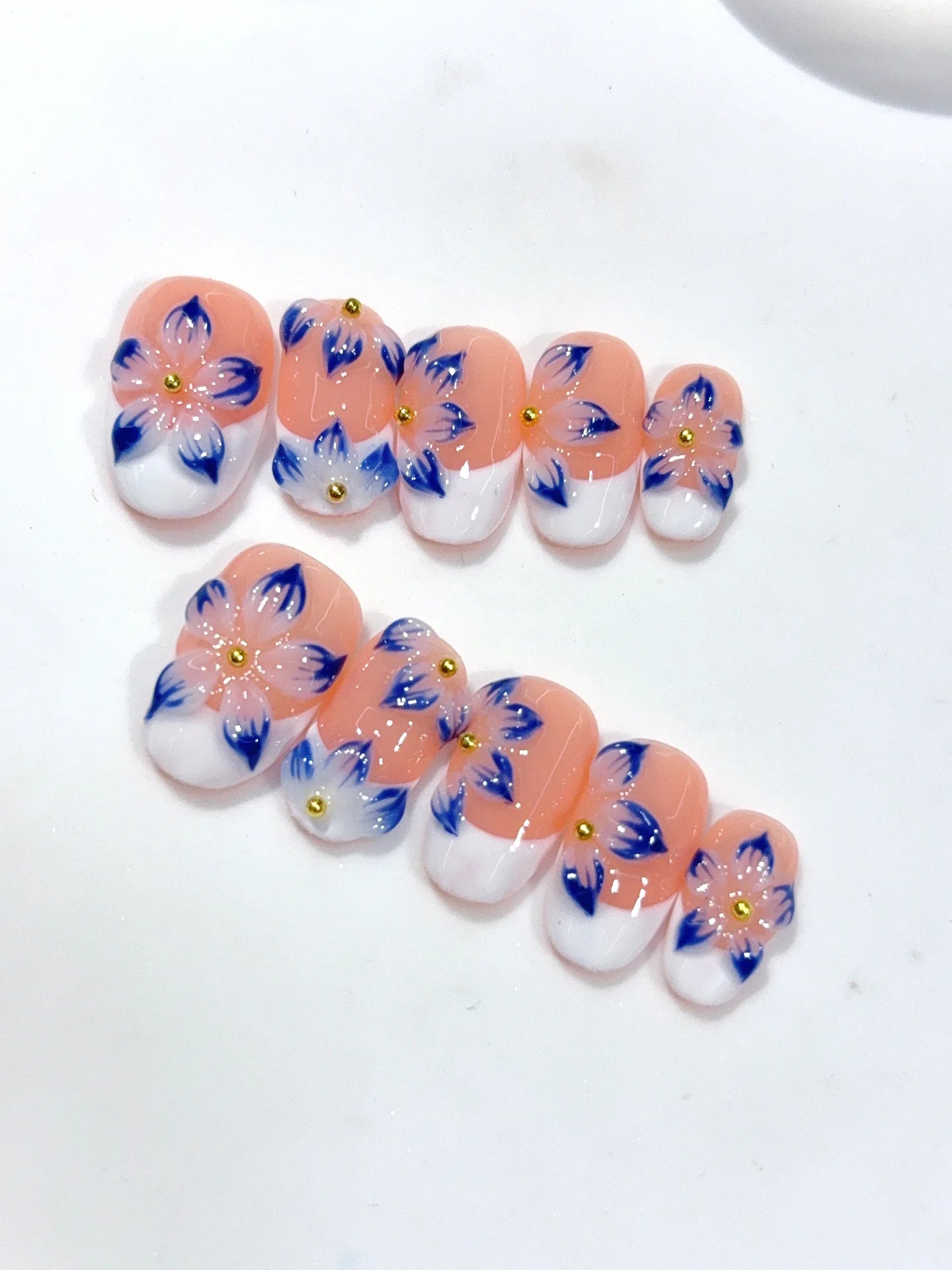 D655 - Short Nude Blue Oval French 3D Flowers - view 1
