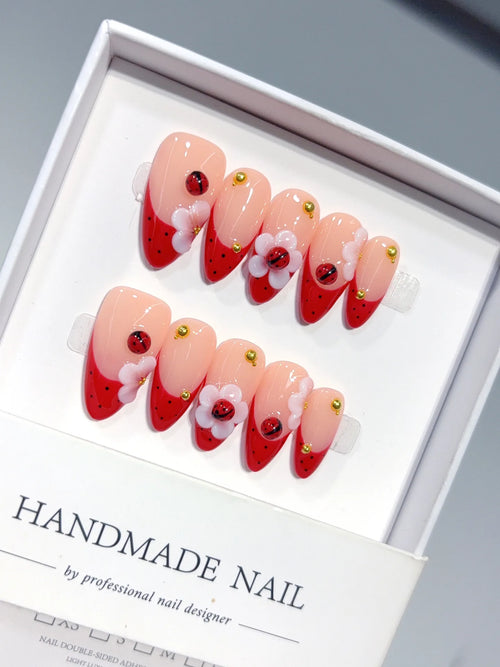 D656 - Medium Nude Red Almond French Tip Heart Flowers - view 5