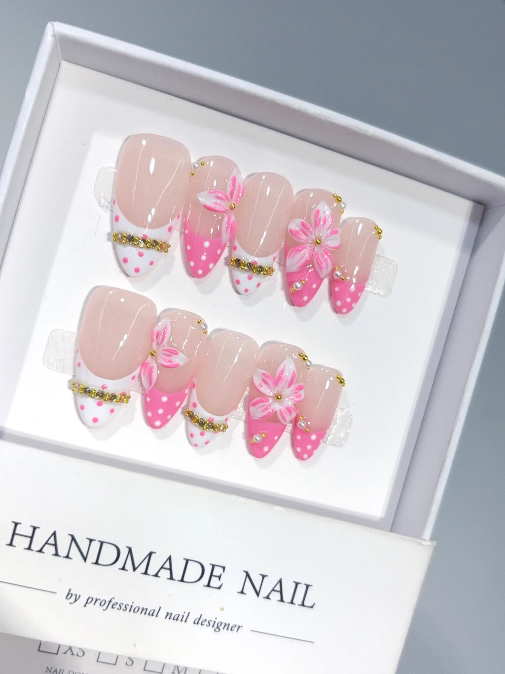 D657 - Medium Nude Pink Almond French Tip Polka Dot Bows - view 4