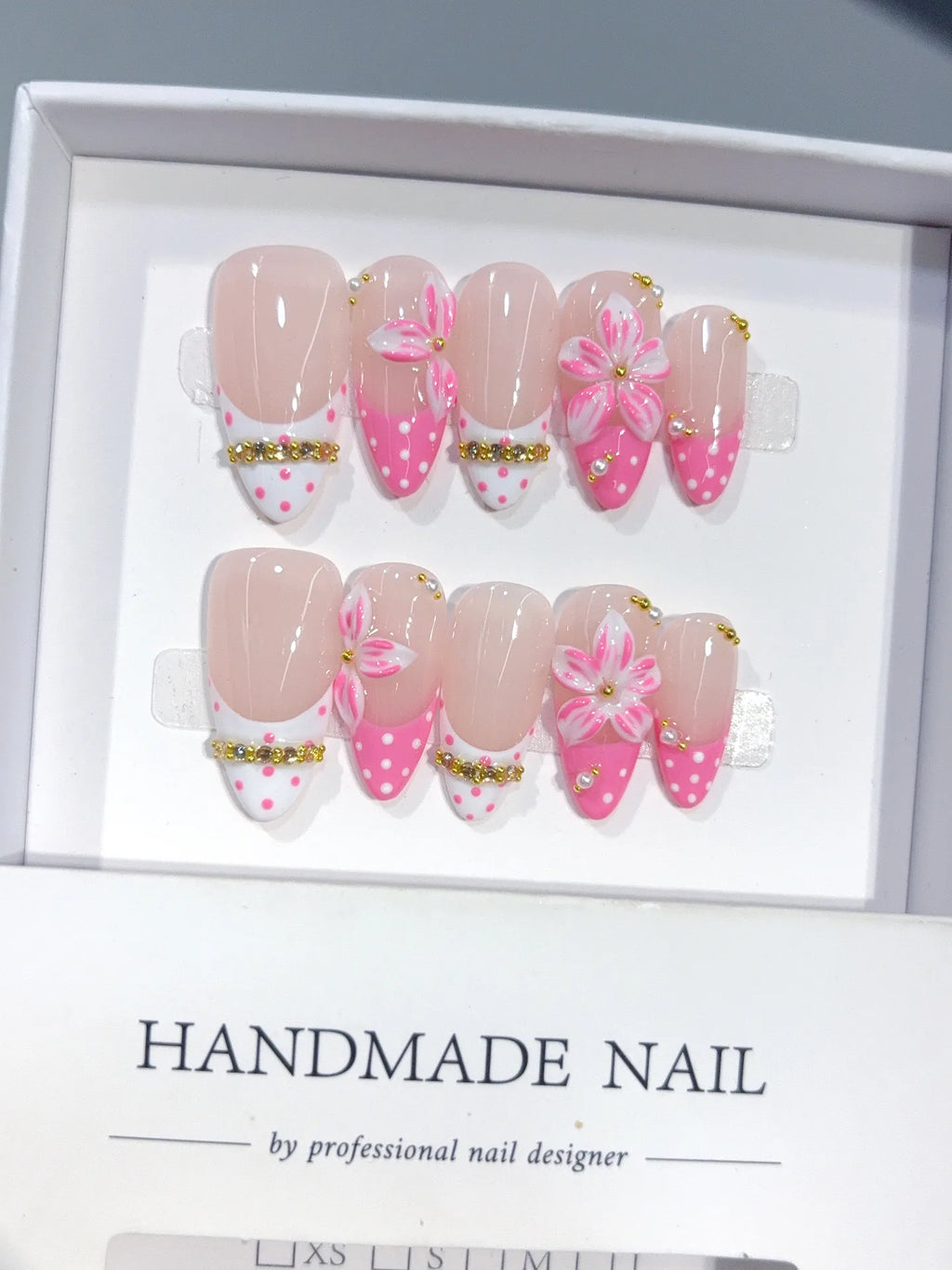 D657 - Medium Nude Pink Almond French Tip Polka Dot Bows - view 5