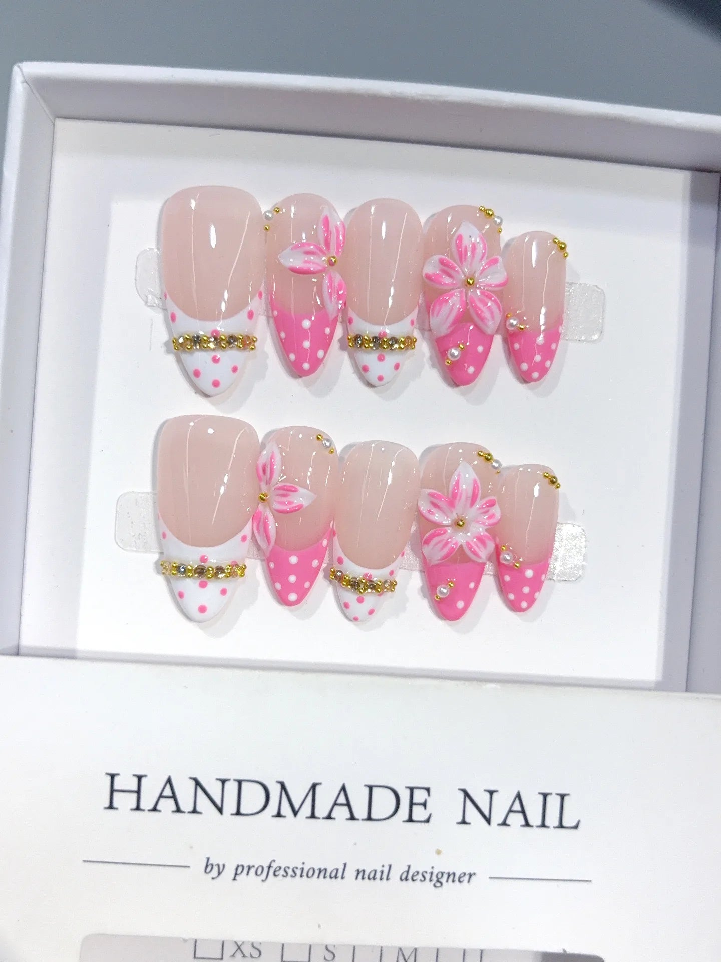 D657 - Medium Nude Pink Almond French Tip Polka Dot Bows - view 5
