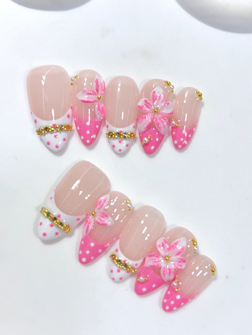 D657 - Medium Nude Pink Almond French Tip Polka Dot Bows - view 6