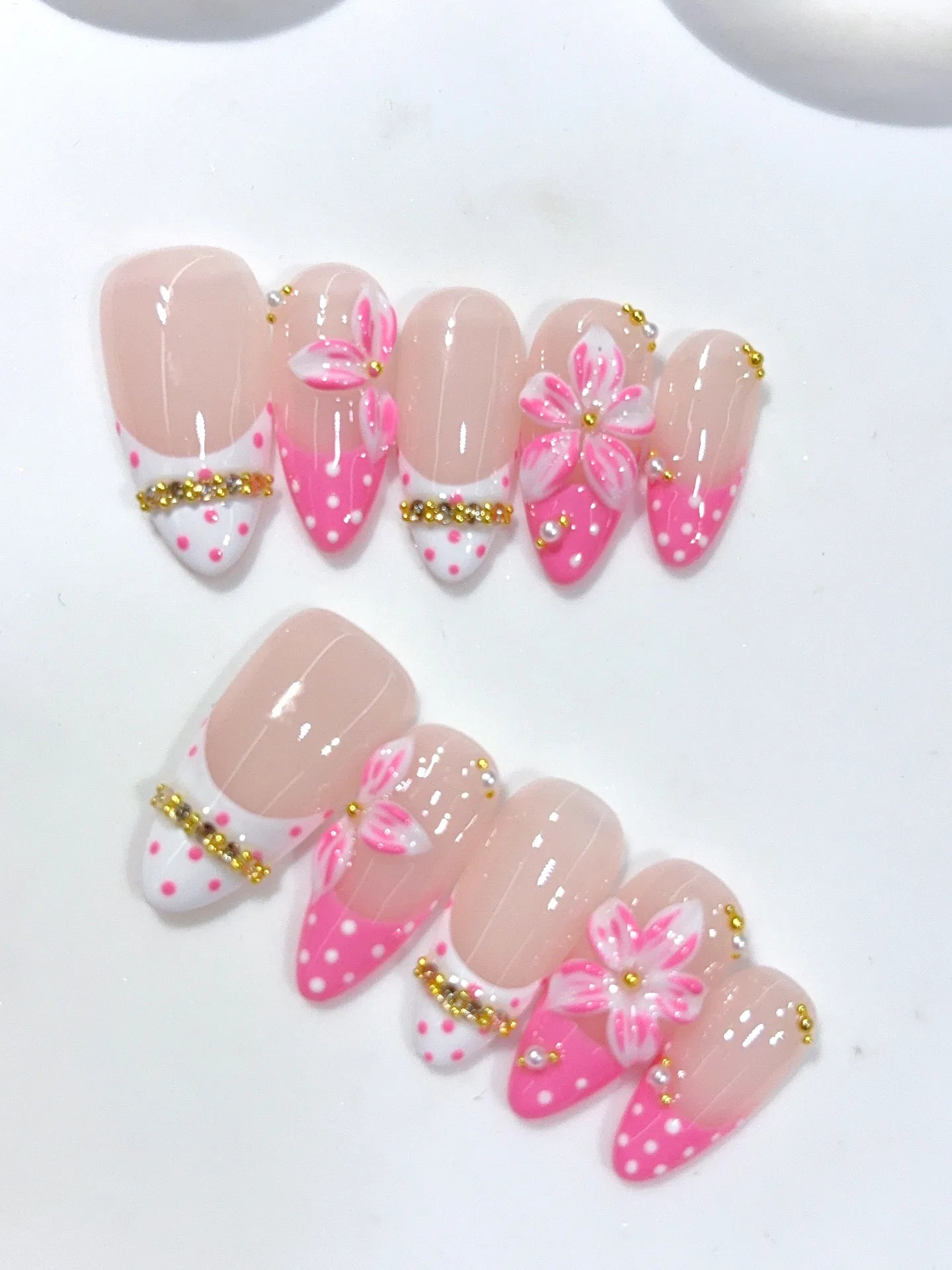 D657 - Medium Nude Pink Almond French Tip Polka Dot Bows - view 6