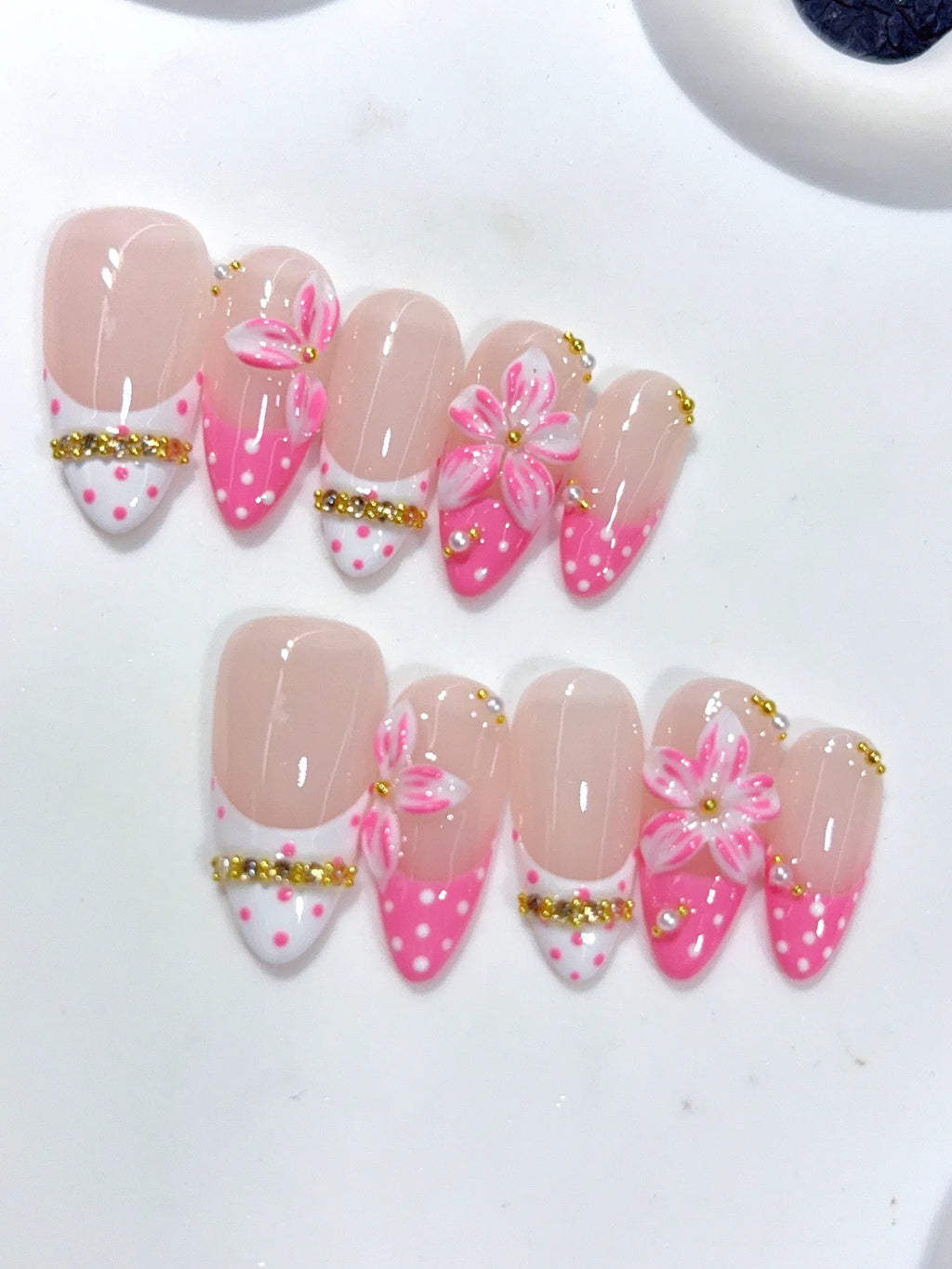 D657 - Medium Nude Pink Almond French Tip Polka Dot Bows - view 7