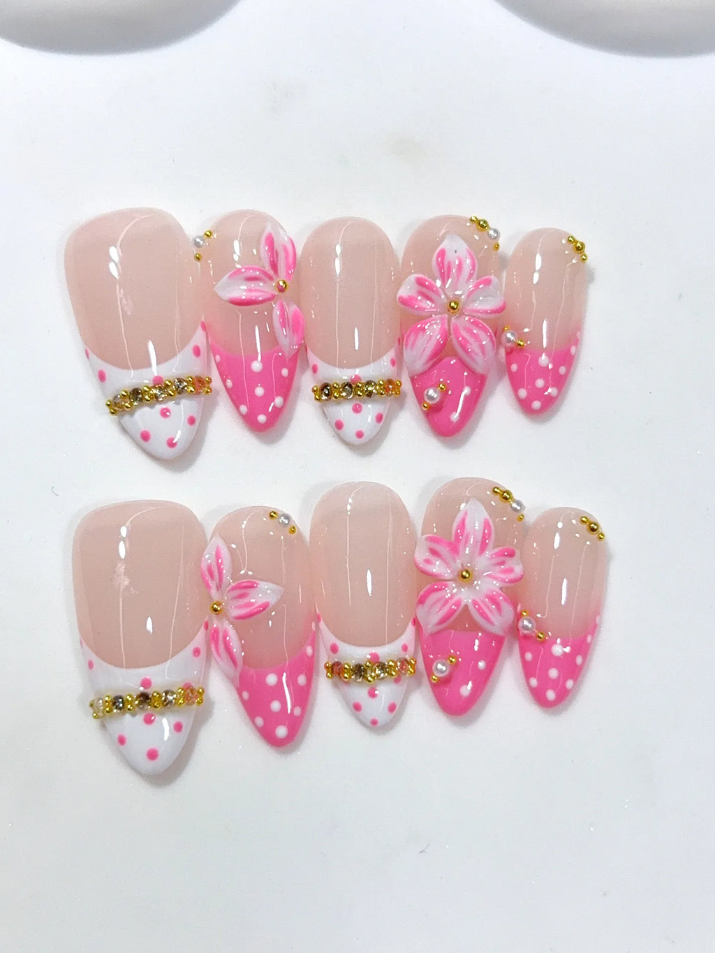 D657 - Medium Nude Pink Almond French Tip Polka Dot Bows - view 3