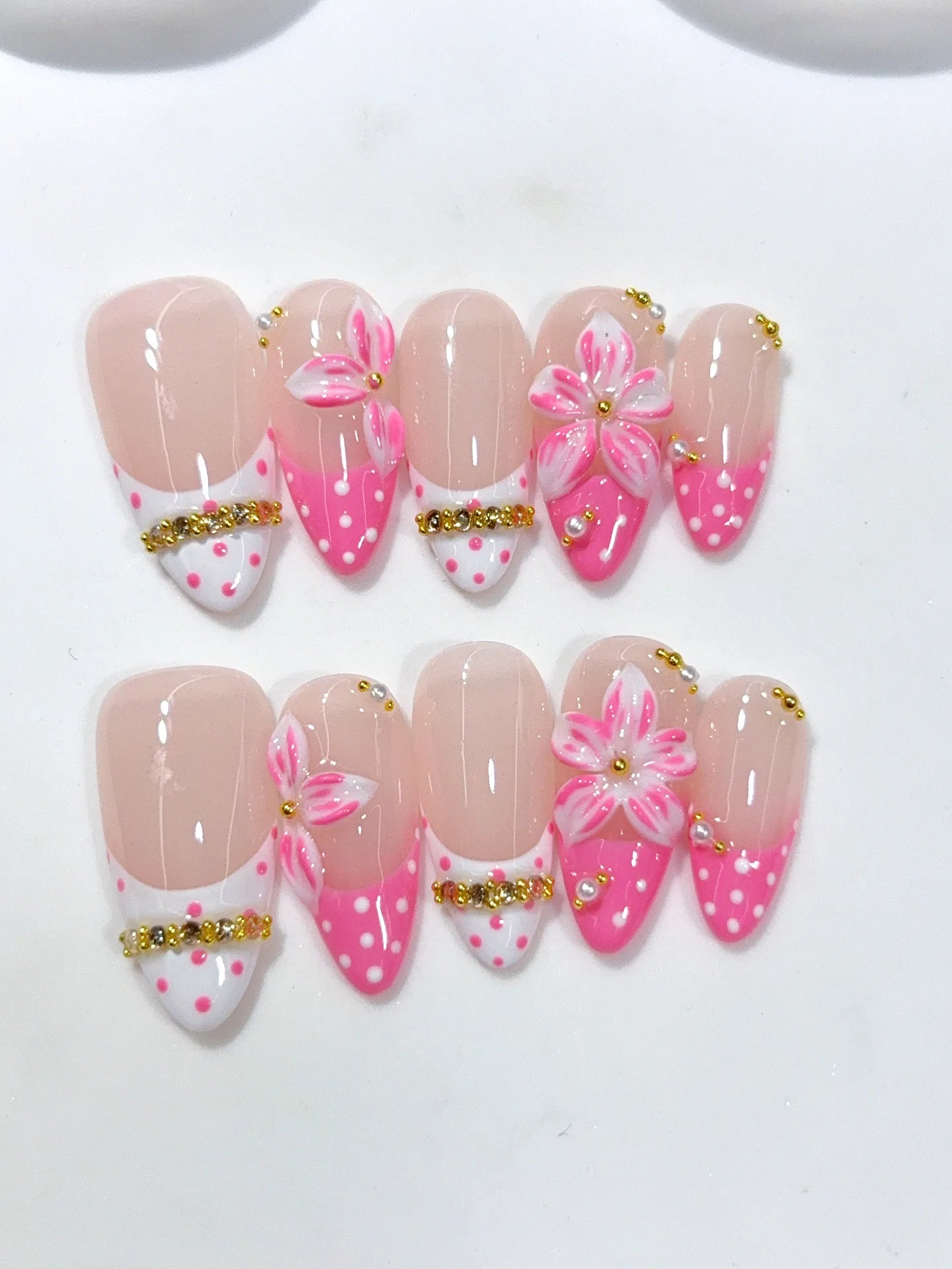 D657 - Medium Nude Pink Almond French Tip Polka Dot Bows - view 3