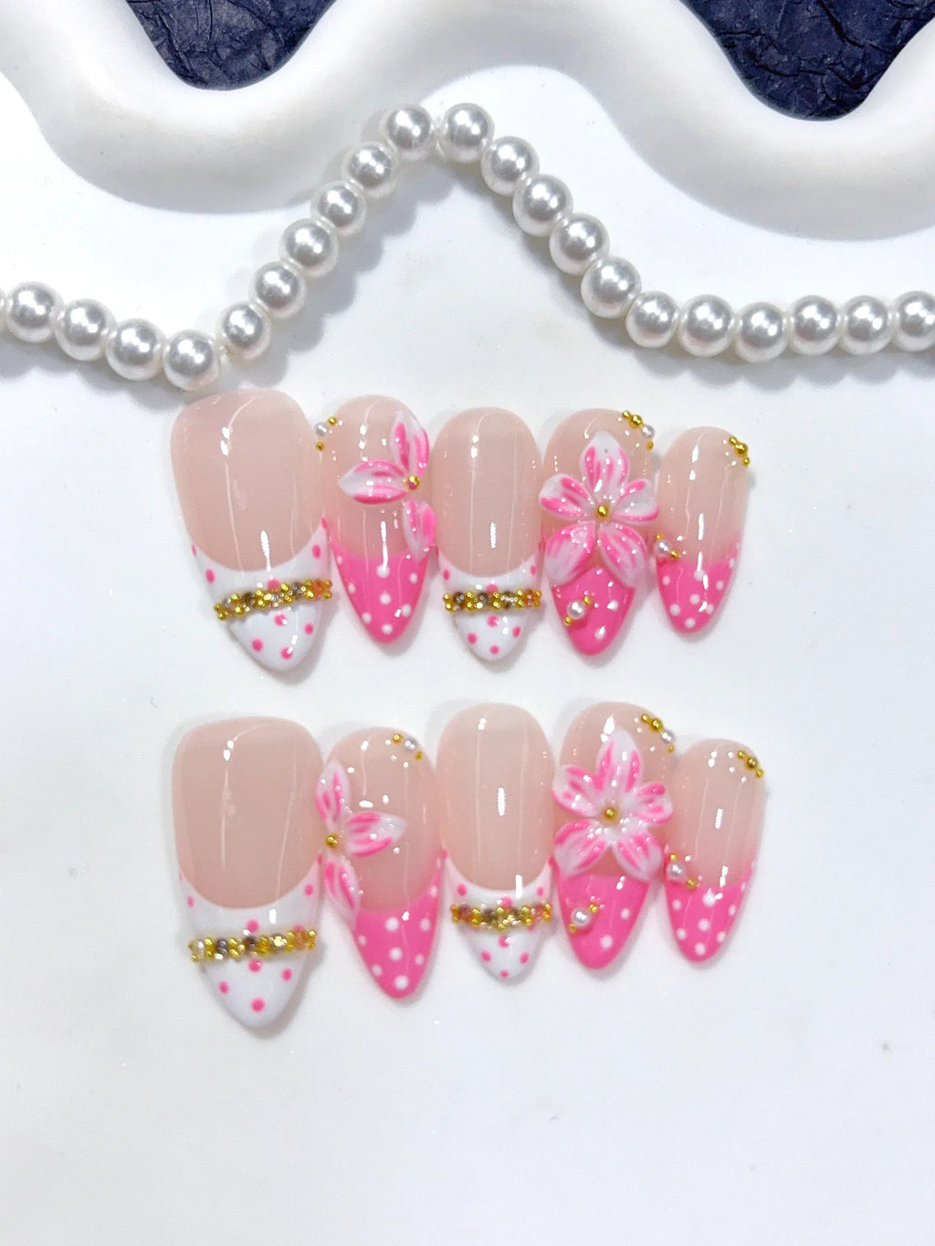 D657 - Medium Nude Pink Almond French Tip Polka Dot Bows - view 1