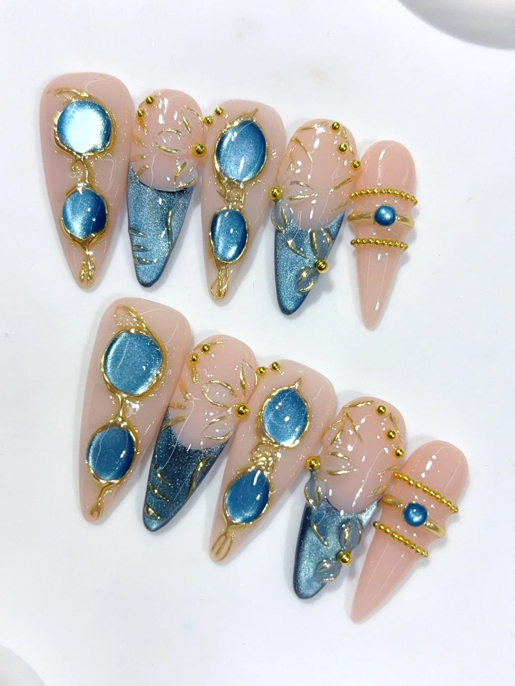 D658 - Long Nude Teal Stiletto Cat Eye Teardrop Gems - view 4