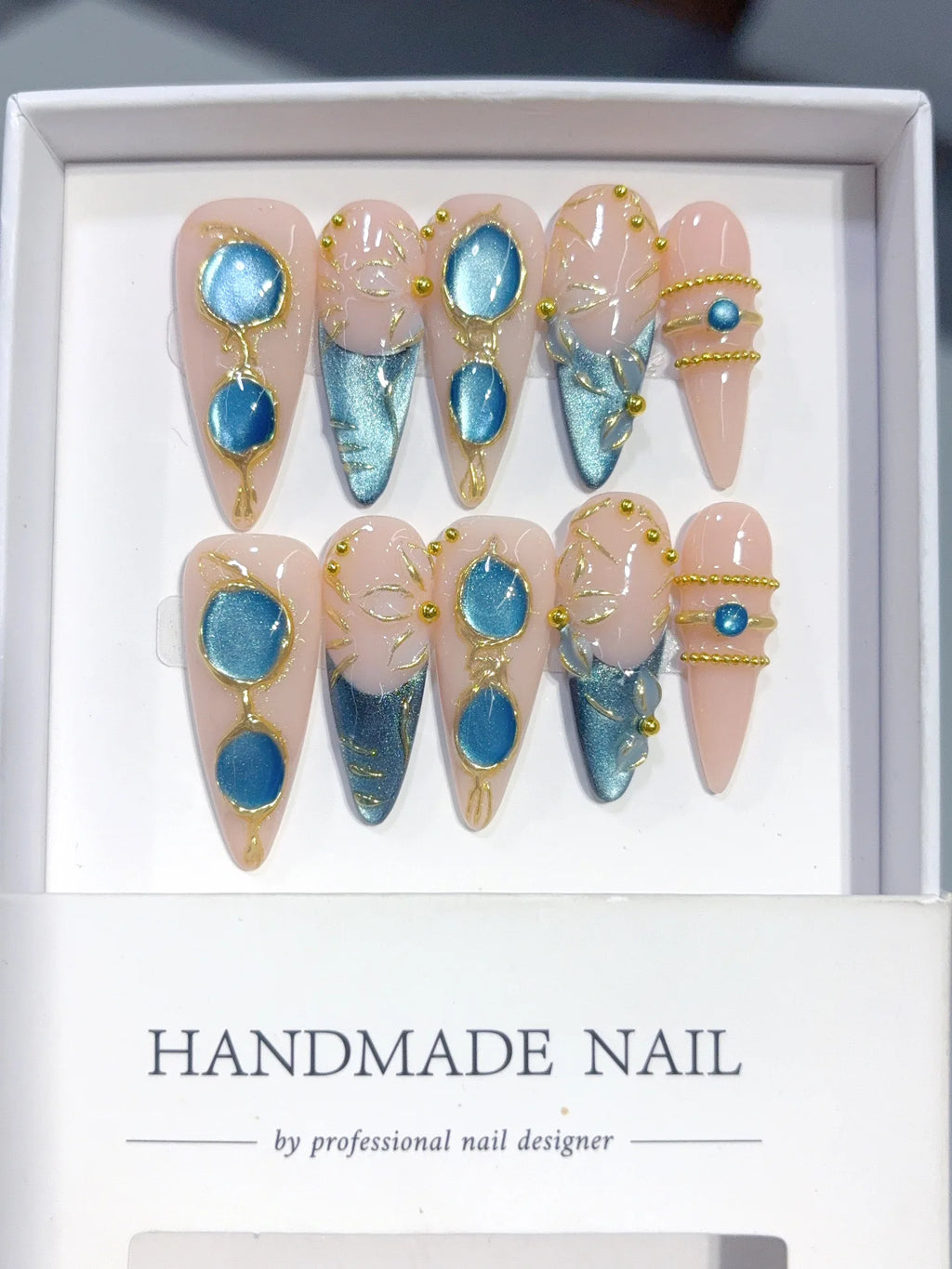 D658 - Long Nude Teal Stiletto Cat Eye Teardrop Gems - view 5