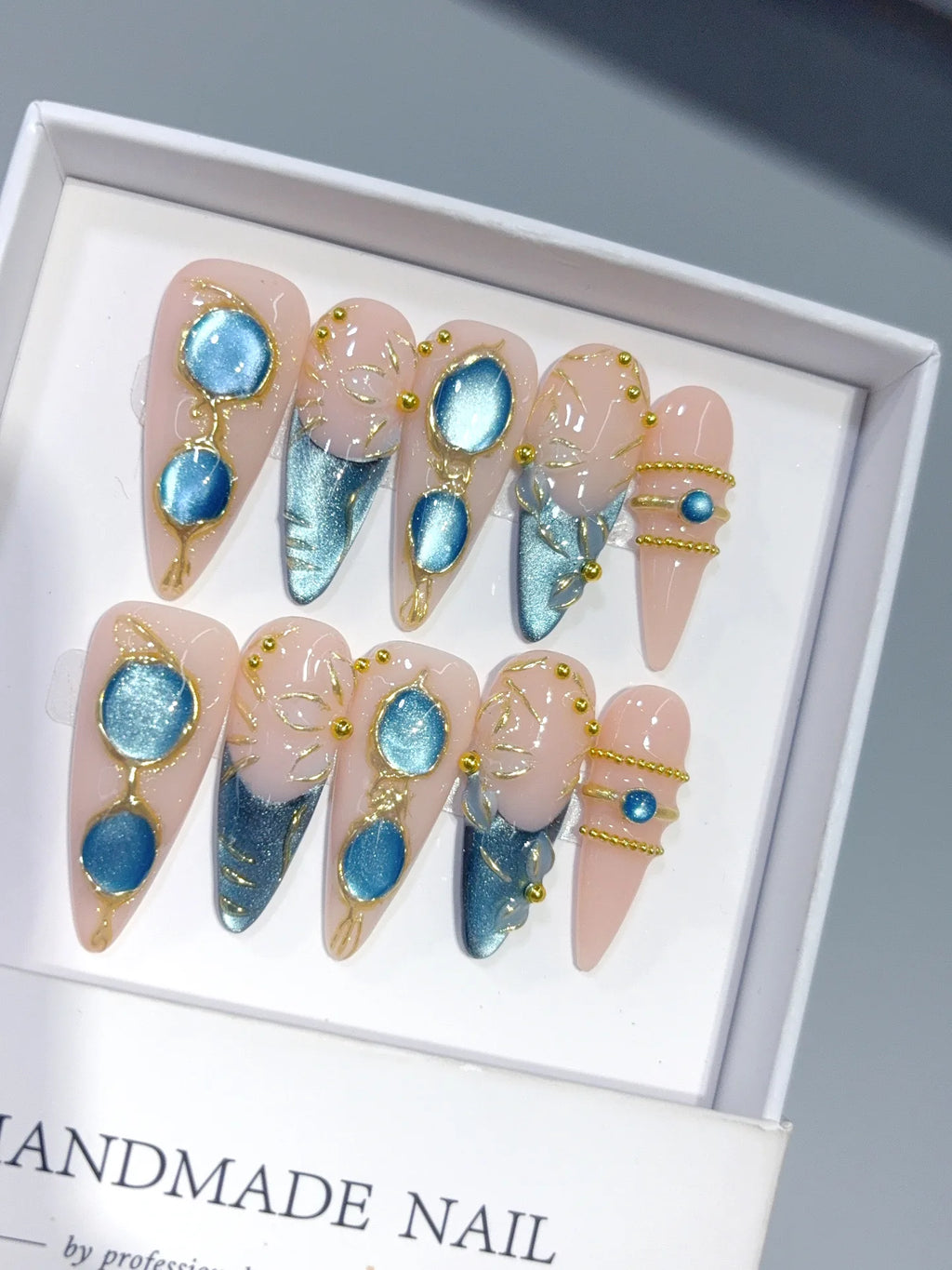 D658 - Long Nude Teal Stiletto Cat Eye Teardrop Gems - view 2