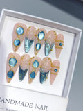 D658 - Long Nude Teal Stiletto Cat Eye Teardrop Gems - view 2