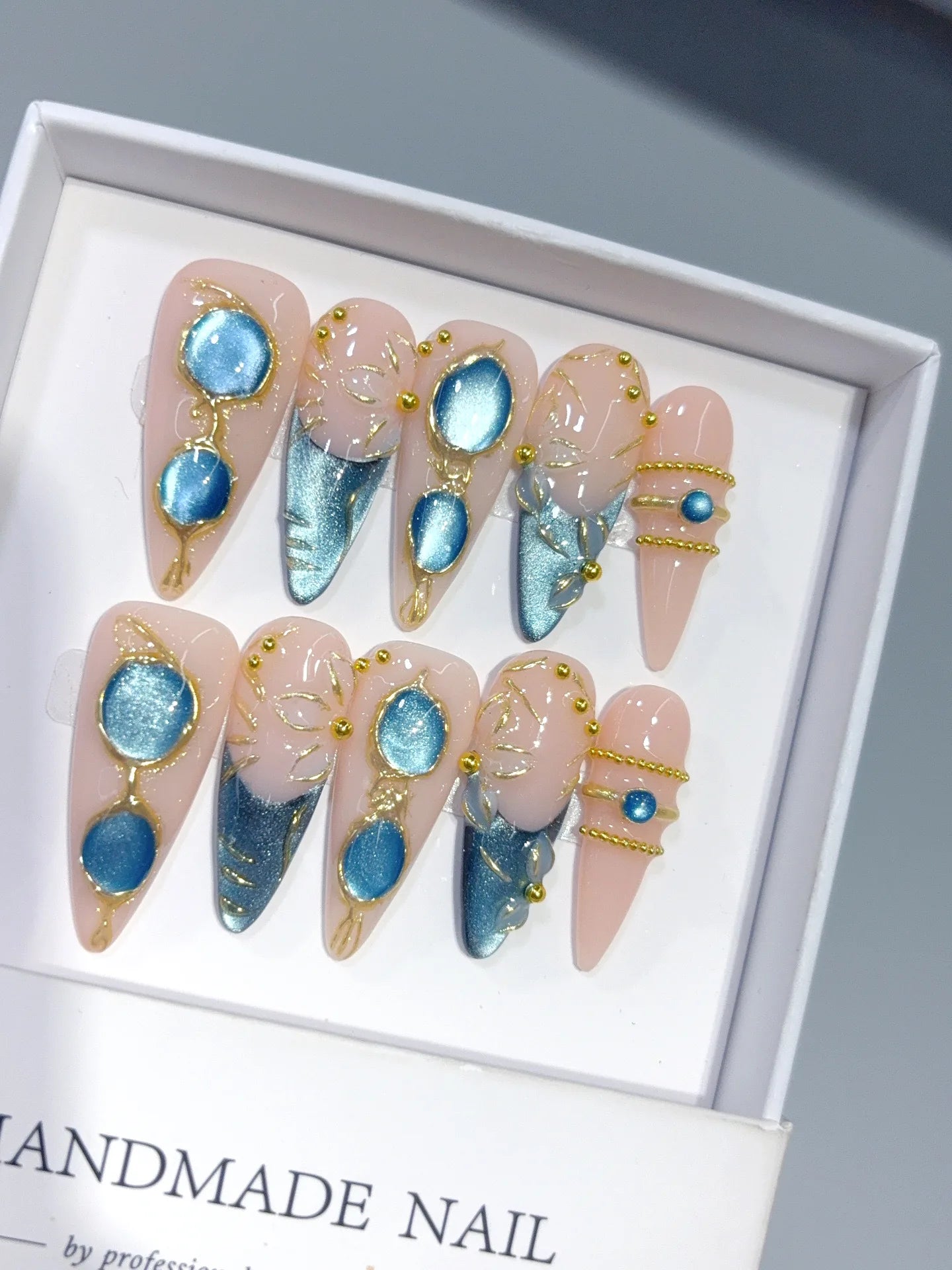 D658 - Long Nude Teal Stiletto Cat Eye Teardrop Gems - view 2