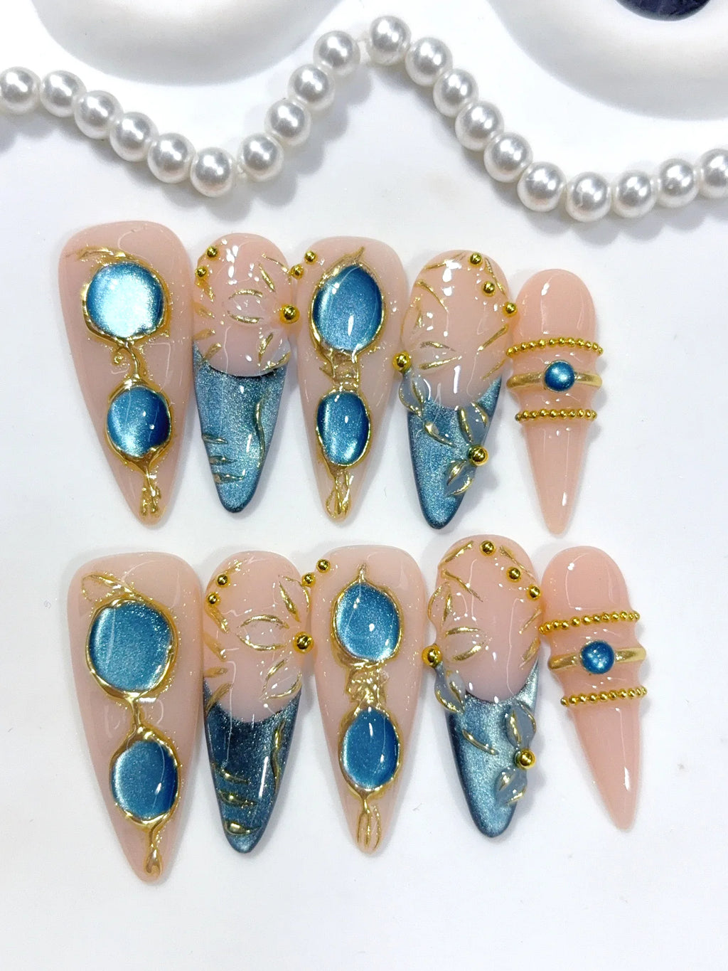 D658 - Long Nude Teal Stiletto Cat Eye Teardrop Gems - view 6