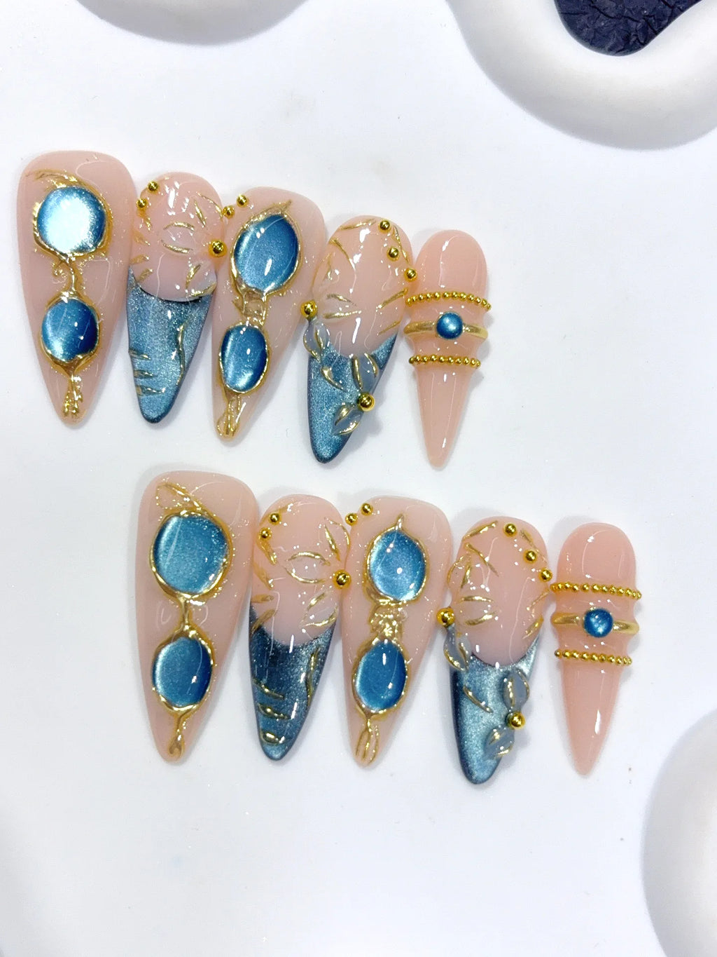 D658 - Long Nude Teal Stiletto Cat Eye Teardrop Gems - view 7