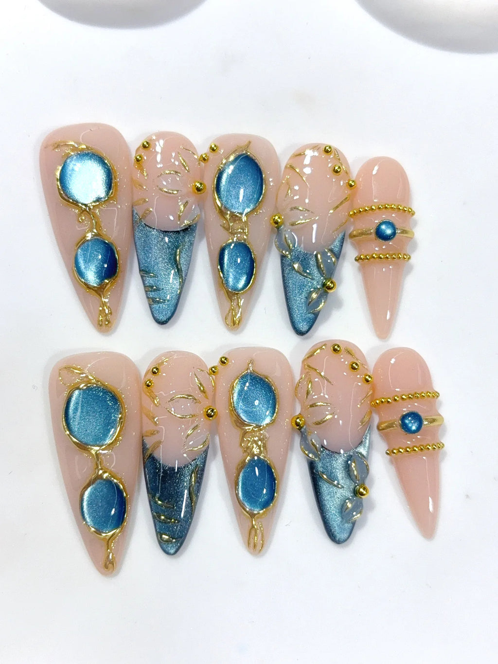 D658 - Long Nude Teal Stiletto Cat Eye Teardrop Gems - view 3