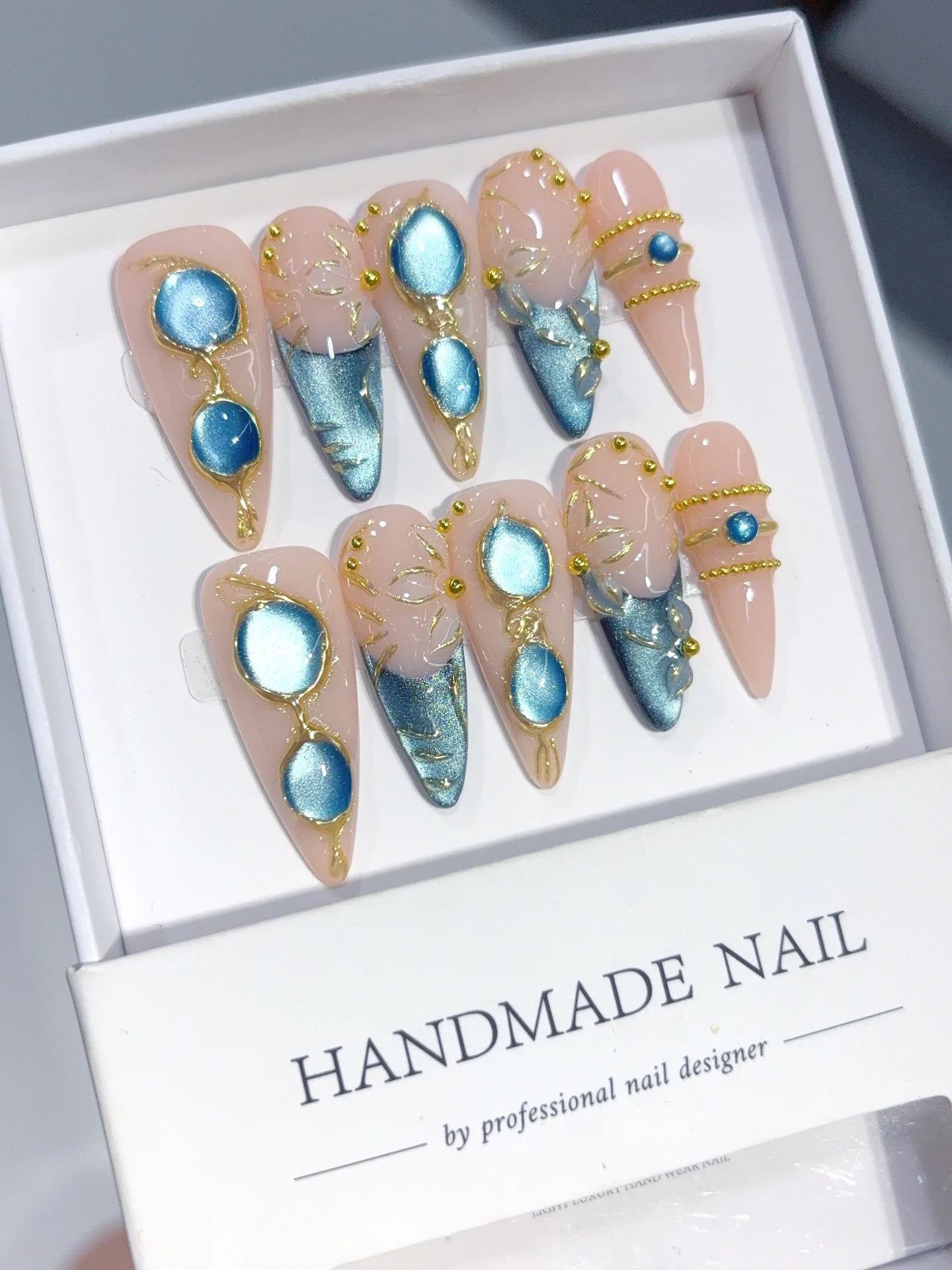 D658 - Long Nude Teal Stiletto Cat Eye Teardrop Gems - view 1