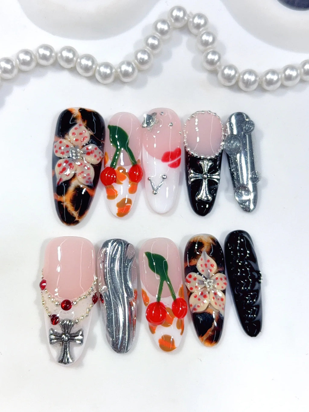 D659 - Medium Pink Black Oval Multicolor French Cherry Charms - view 3