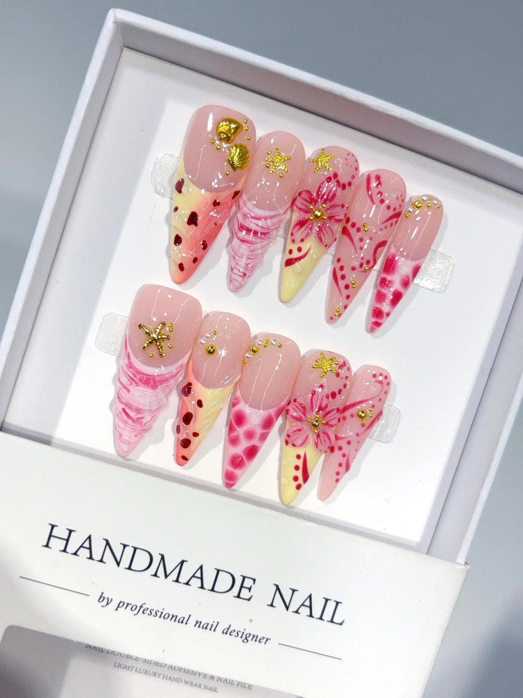 D660 - Long Nude Hot Pink Stiletto Multicolor French Polka Dot Flowers - view 4