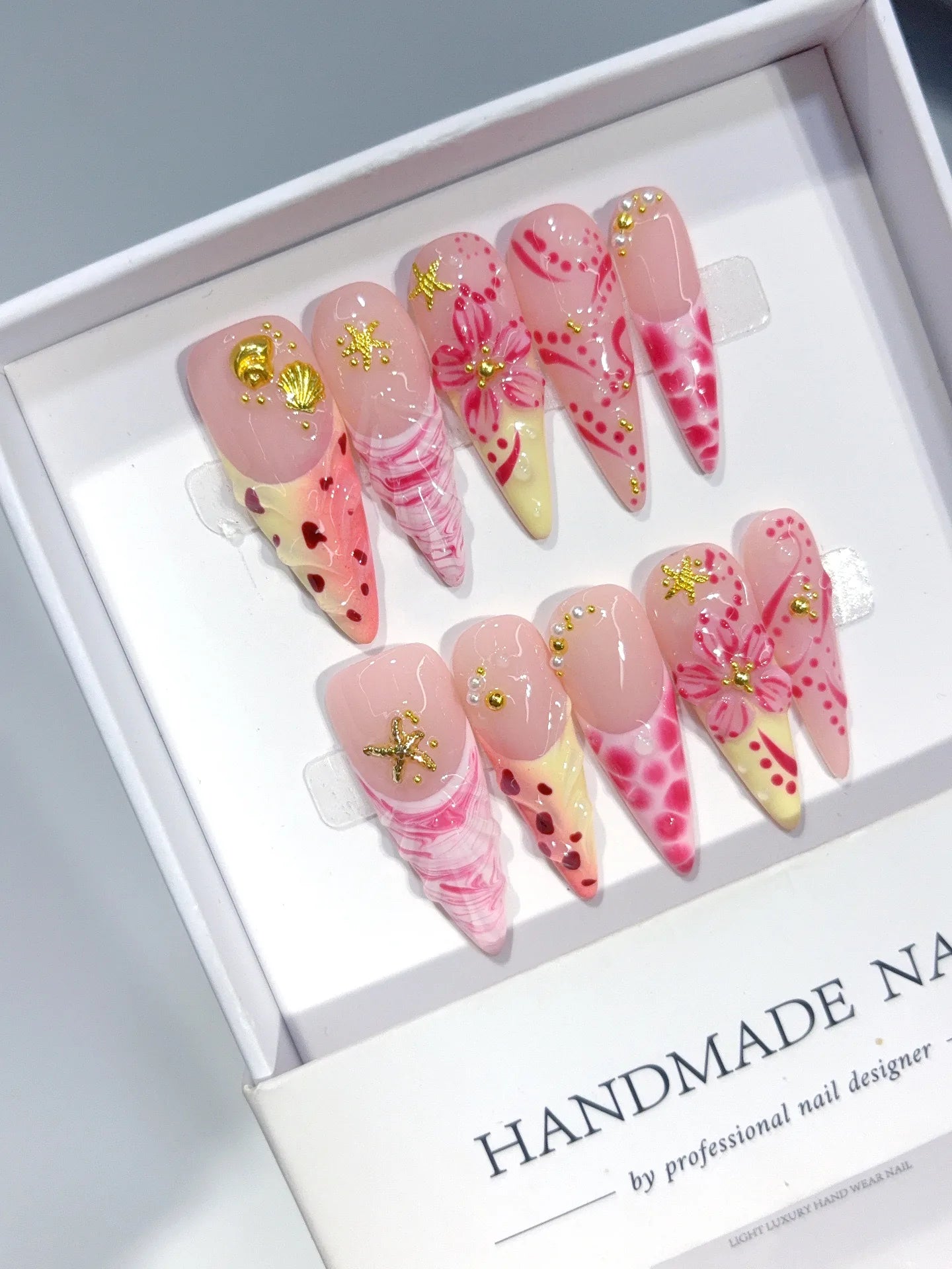 D660 - Long Nude Hot Pink Stiletto Multicolor French Polka Dot Flowers - view 5