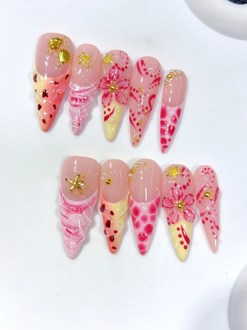 D660 - Long Nude Hot Pink Stiletto Multicolor French Polka Dot Flowers - view 2