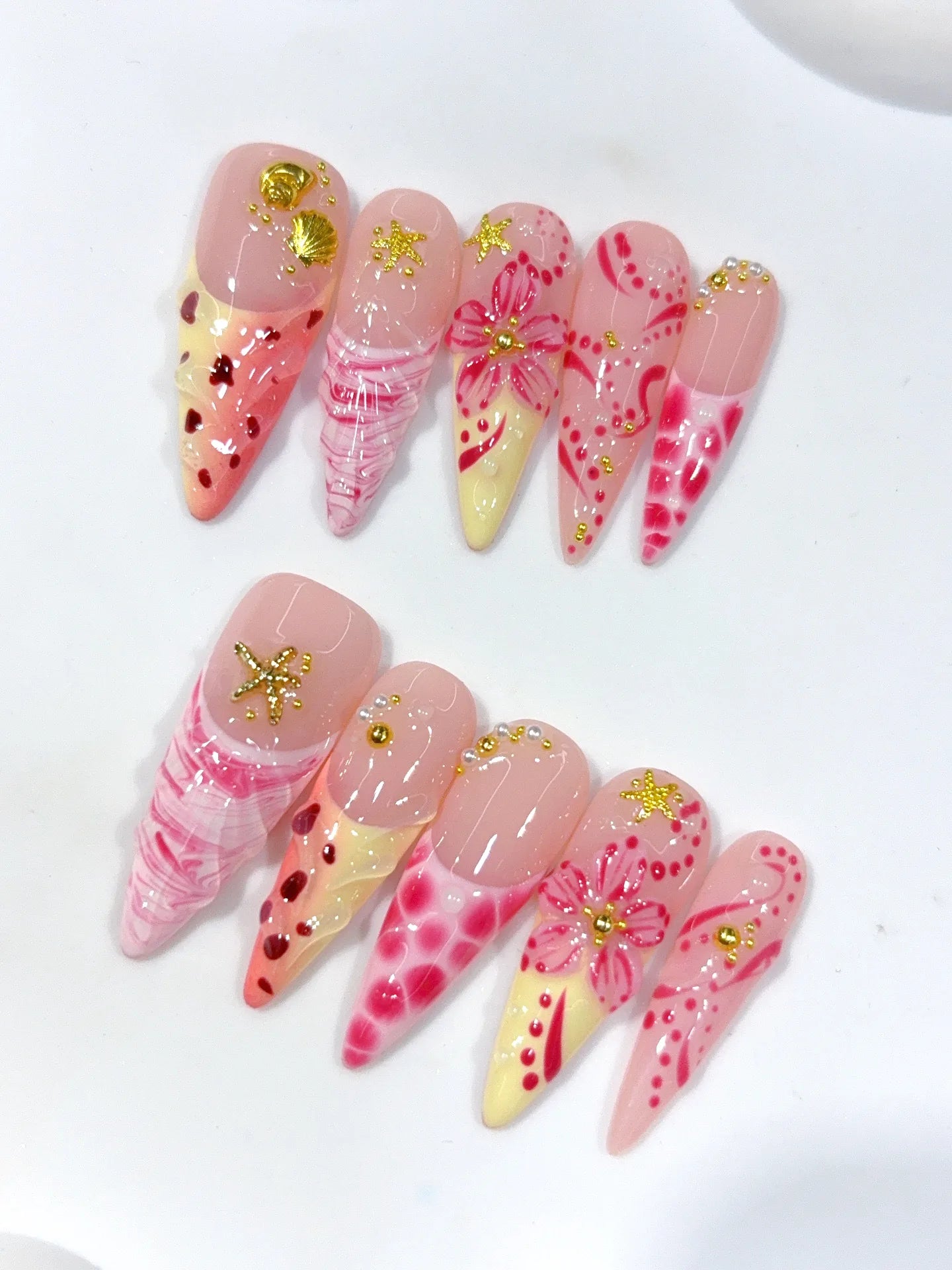 D660 - Long Nude Hot Pink Stiletto Multicolor French Polka Dot Flowers - view 6