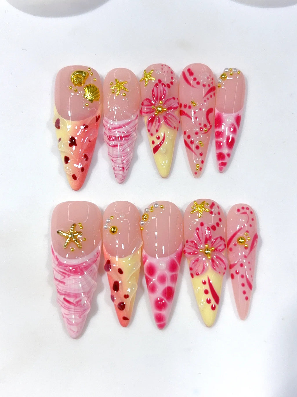 D660 - Long Nude Hot Pink Stiletto Multicolor French Polka Dot Flowers - view 7